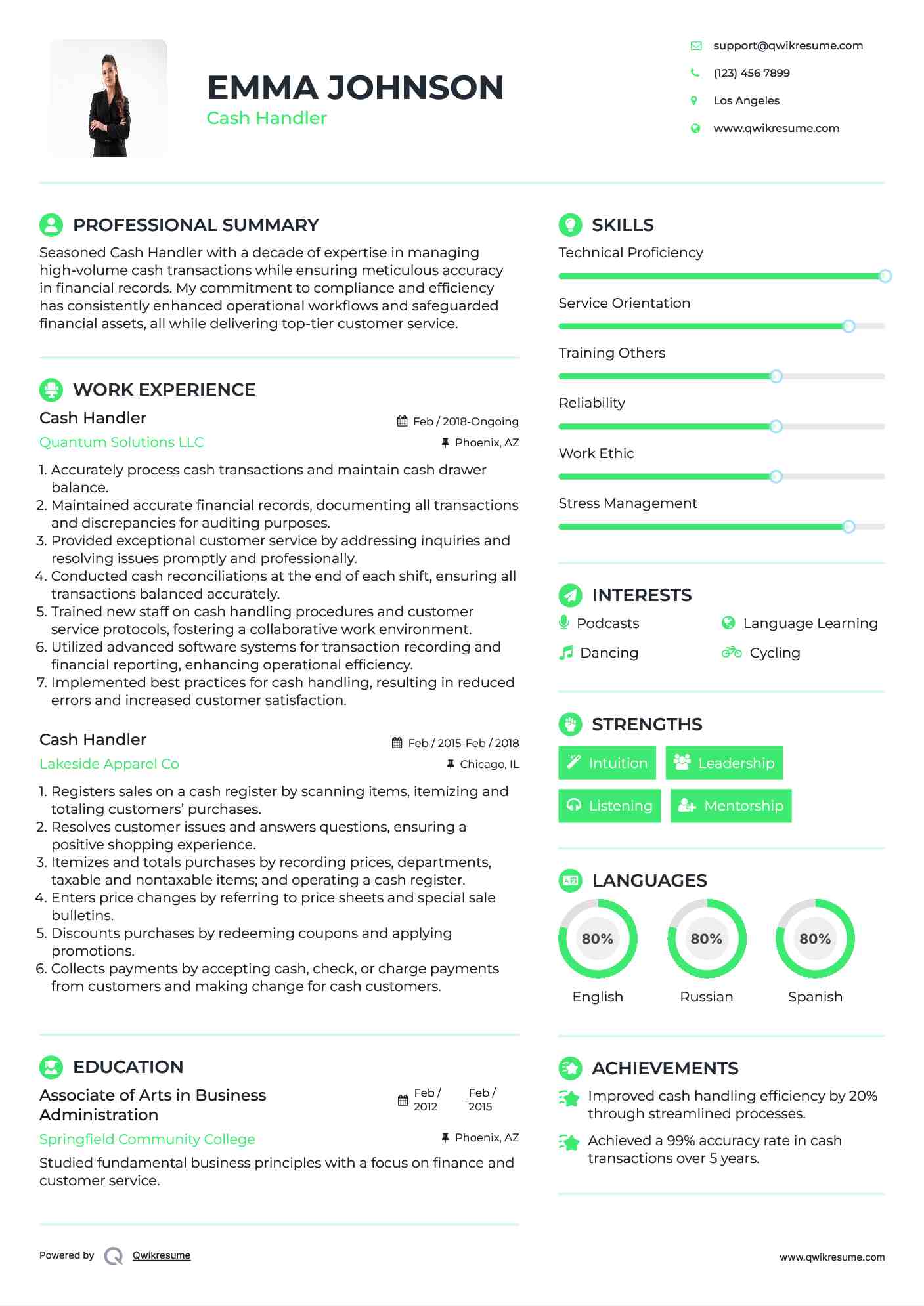 Cash Handler Resume Model