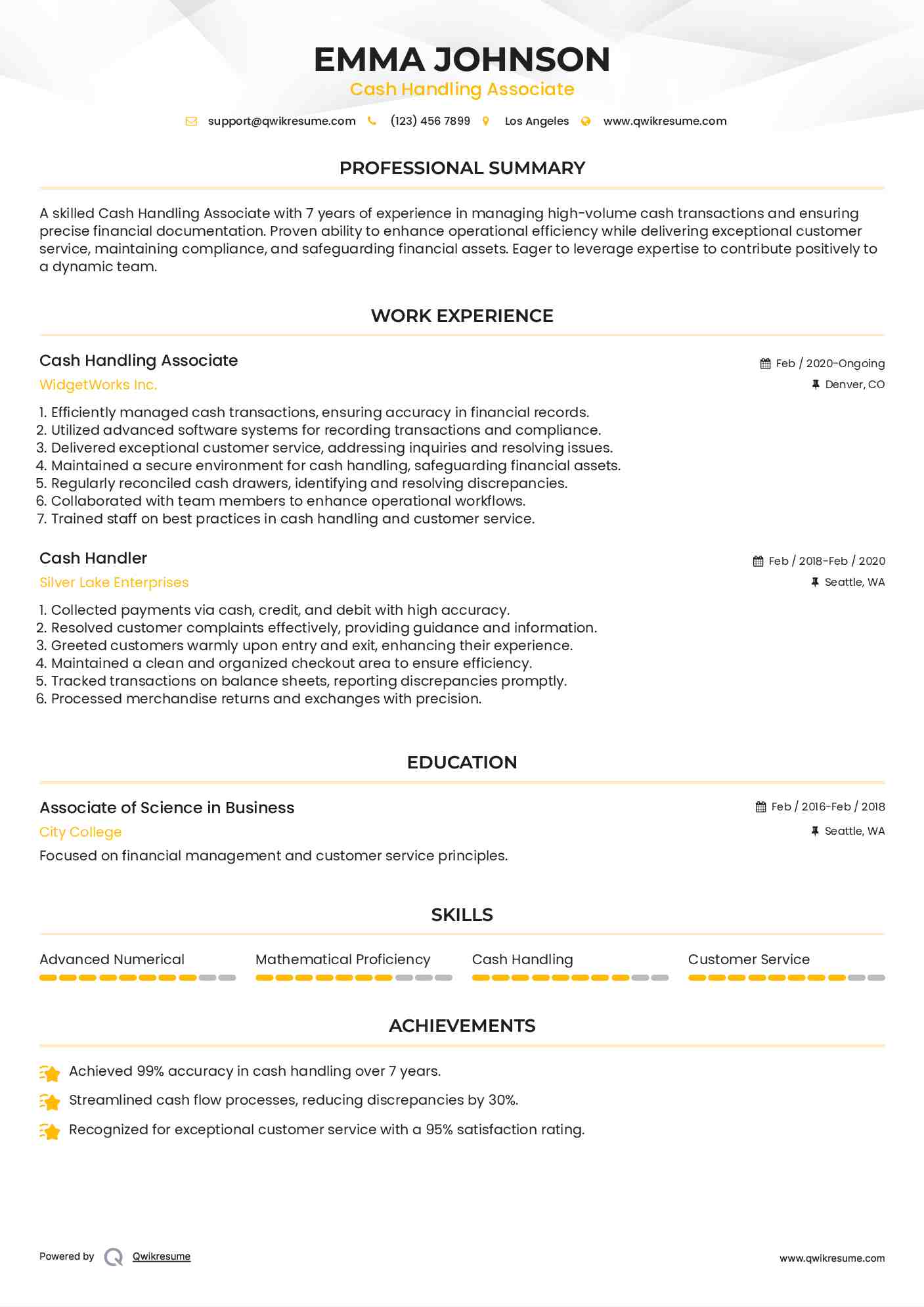 Cash Handling Associate Resume Example
