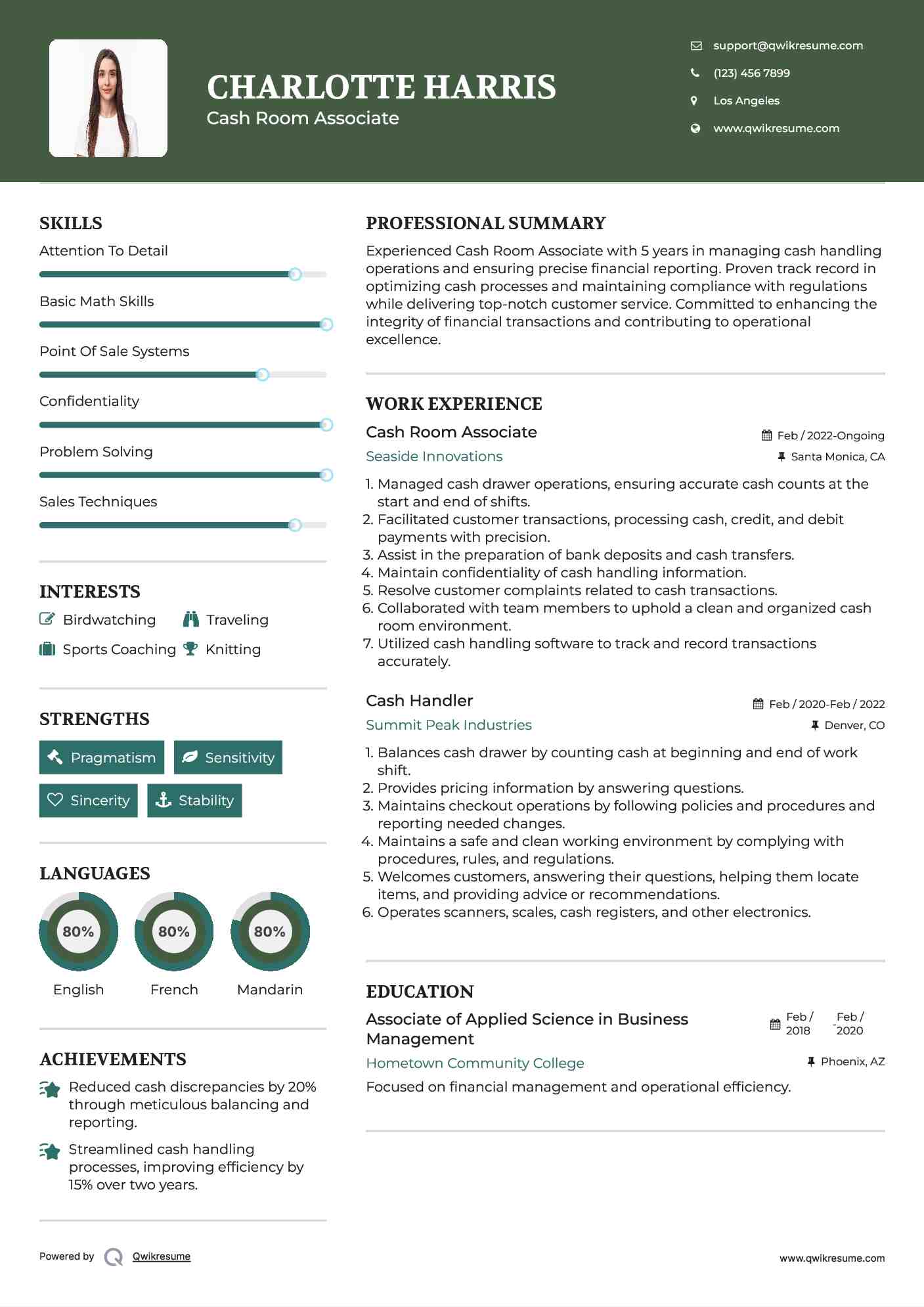 Cash Room Associate Resume Model