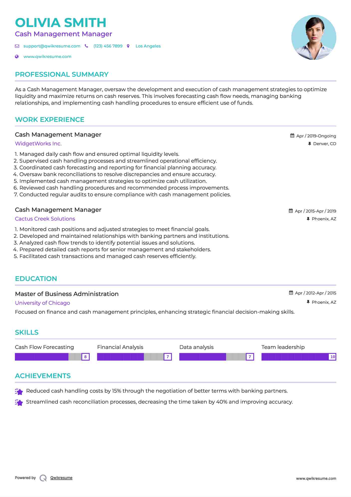 Cash Management Manager Resume Format