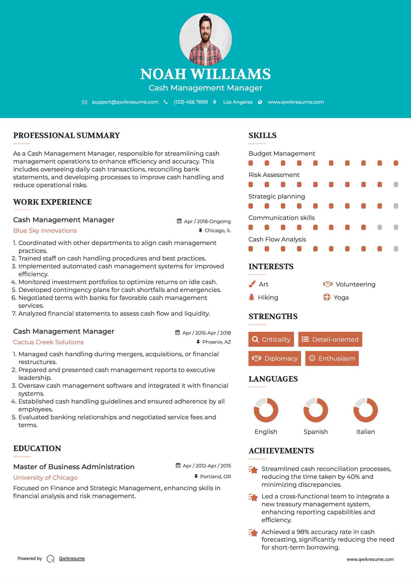 Cash Management Manager Resume Format