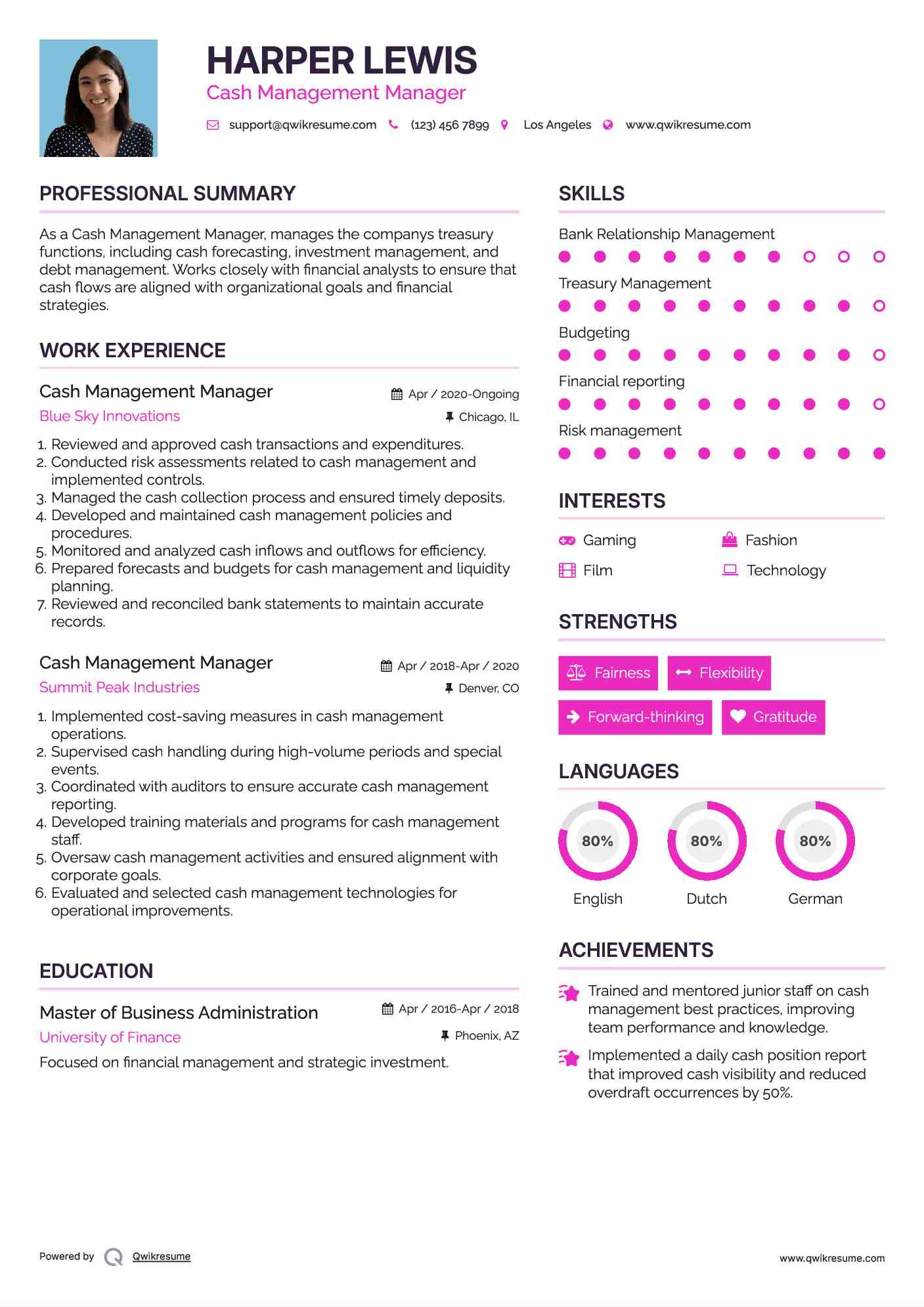 Cash Management Manager Resume Example
