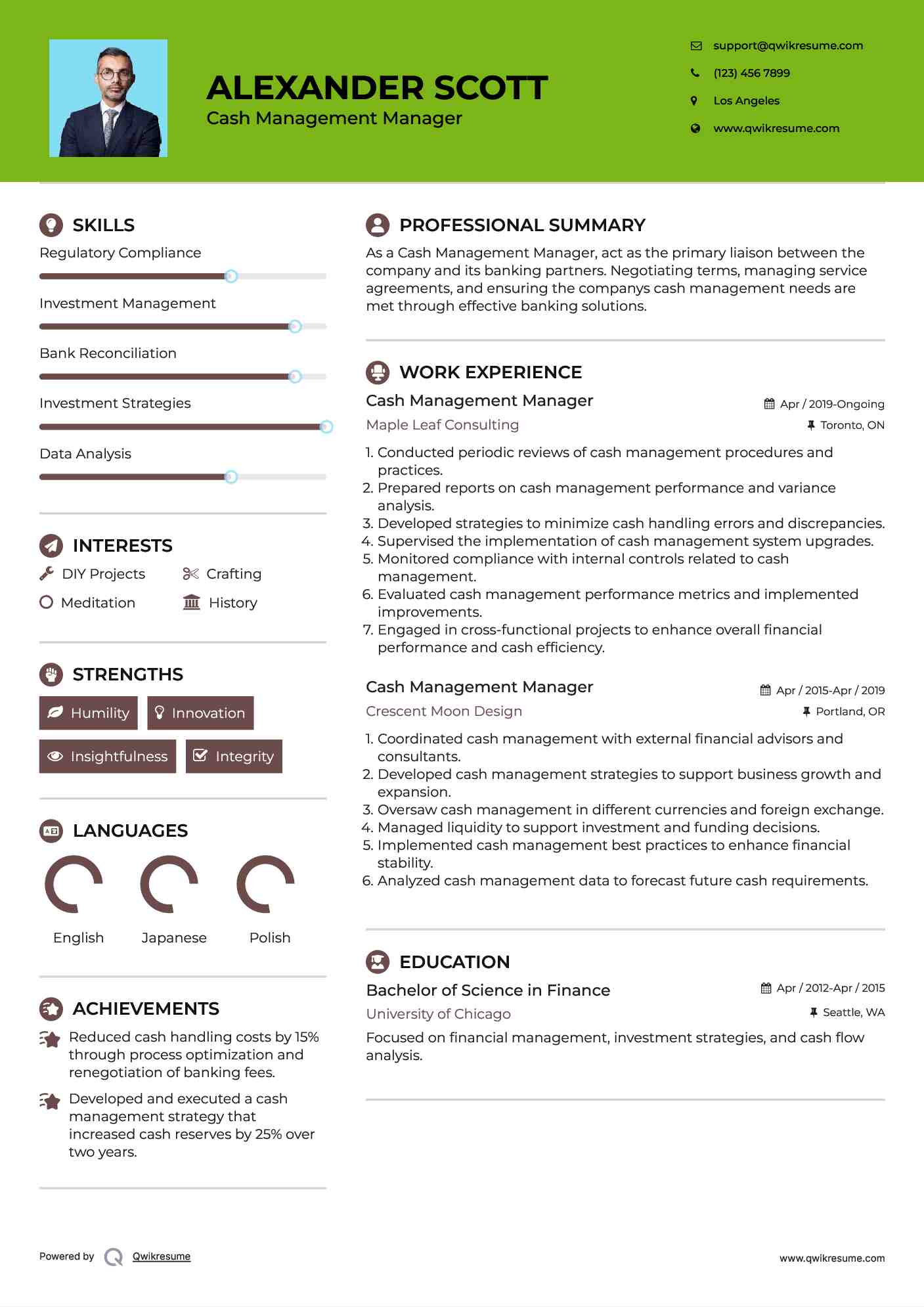 Cash Management Manager Resume Template