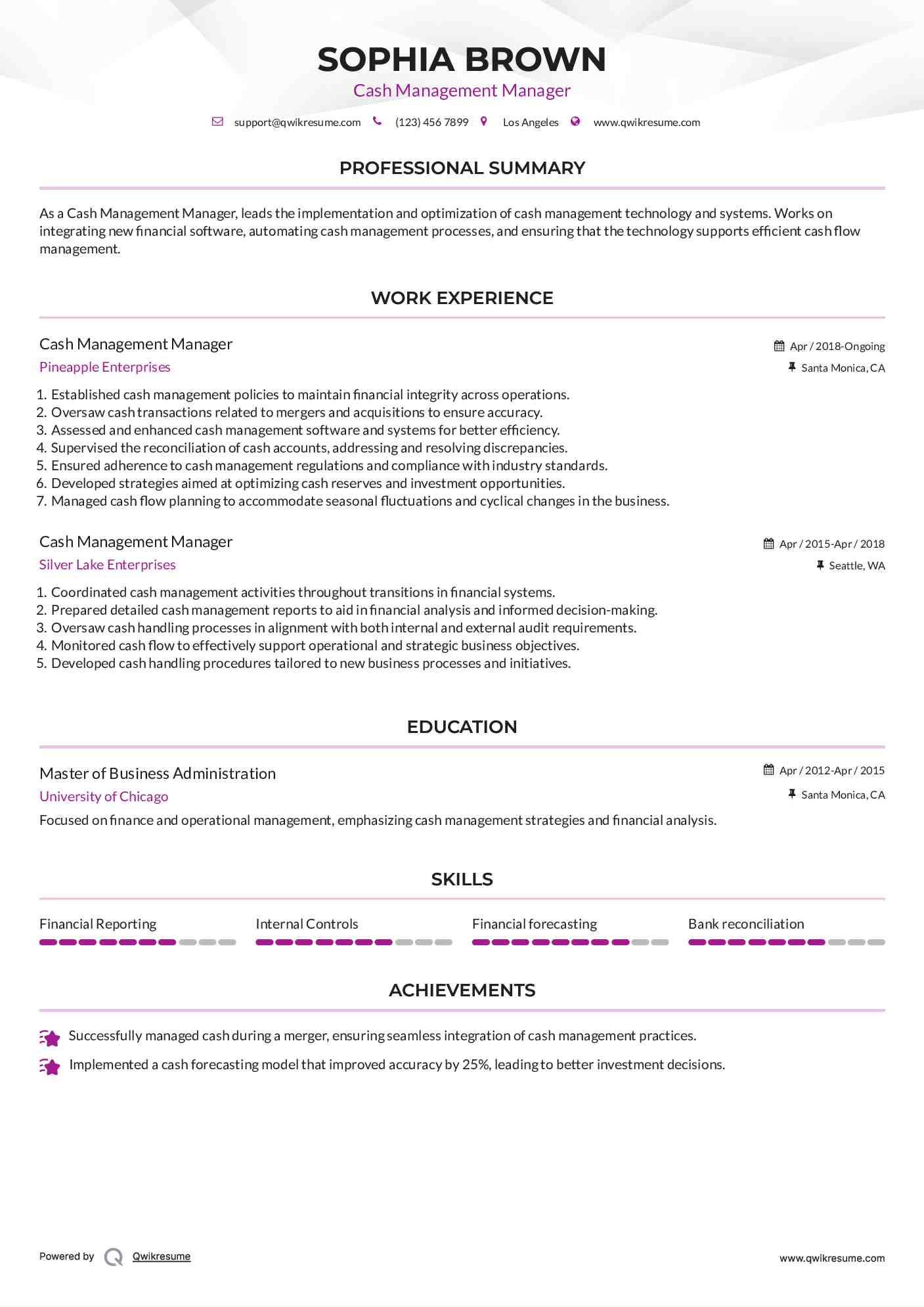Cash Management Manager Resume Sample