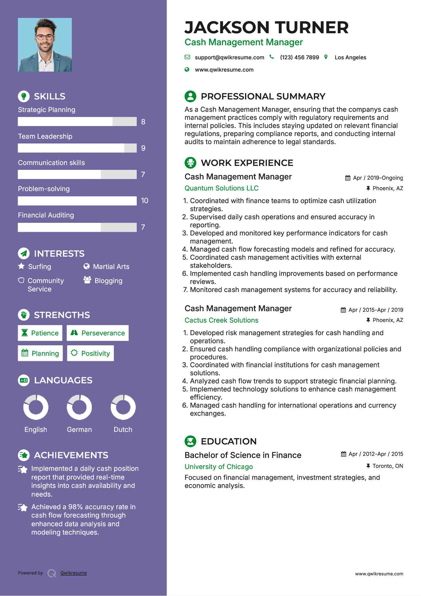 Cash Management Manager Resume Example