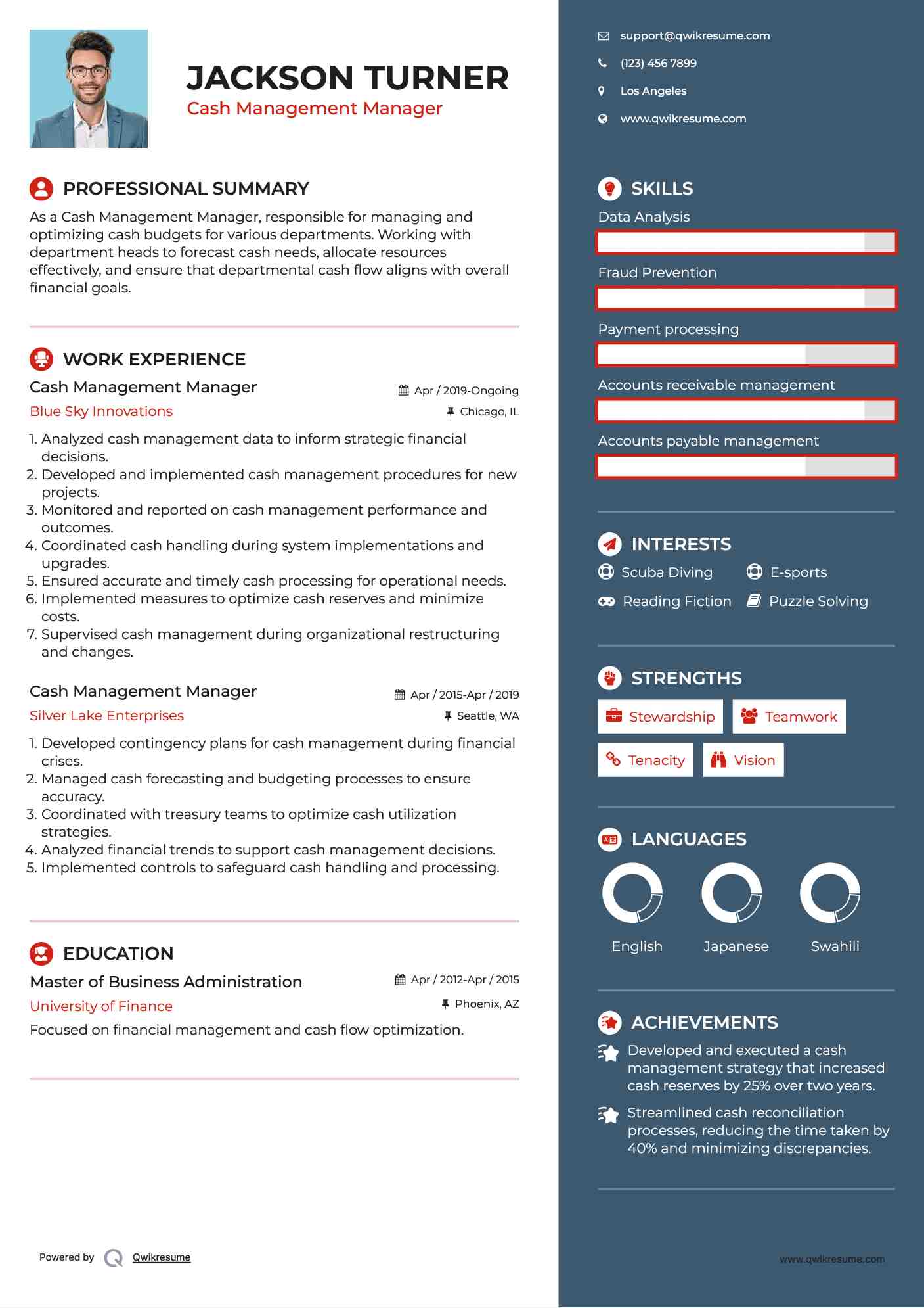 Cash Management Manager Resume Template