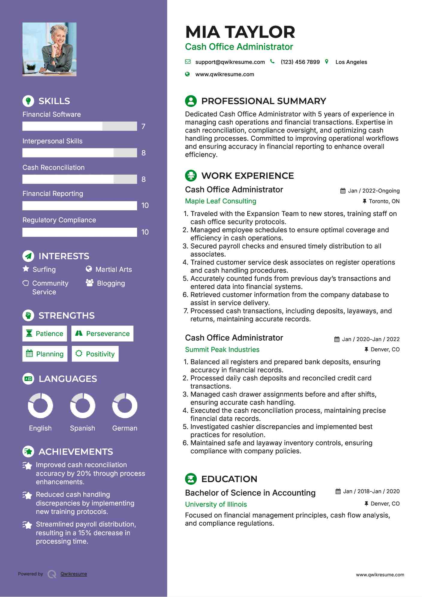 Cash Office Administrator Resume Sample