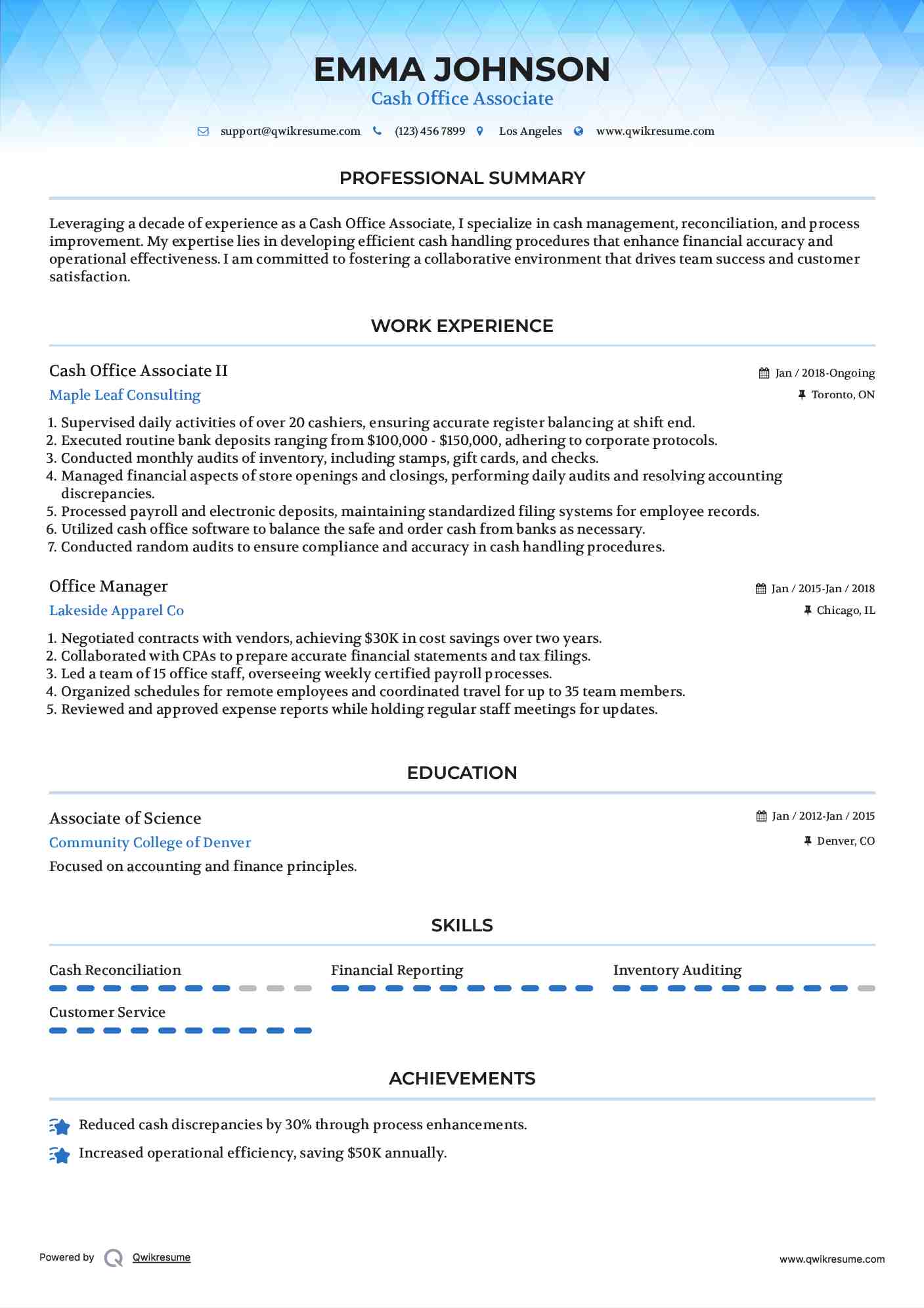 Cash Office Associate II Resume Format