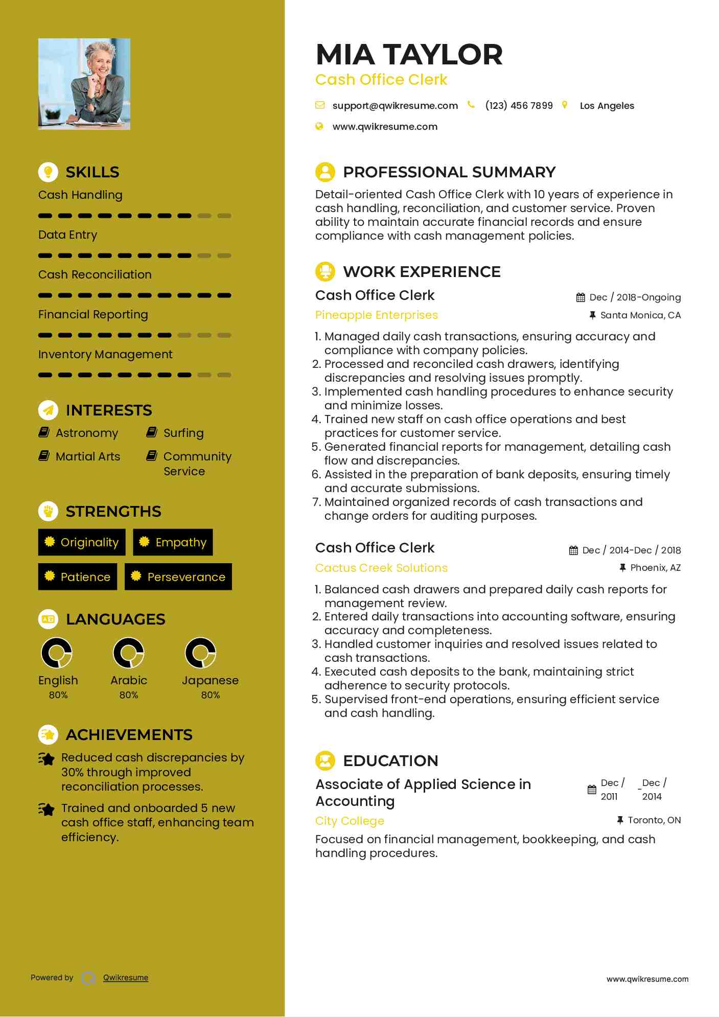 Cash Office Clerk Resume Model