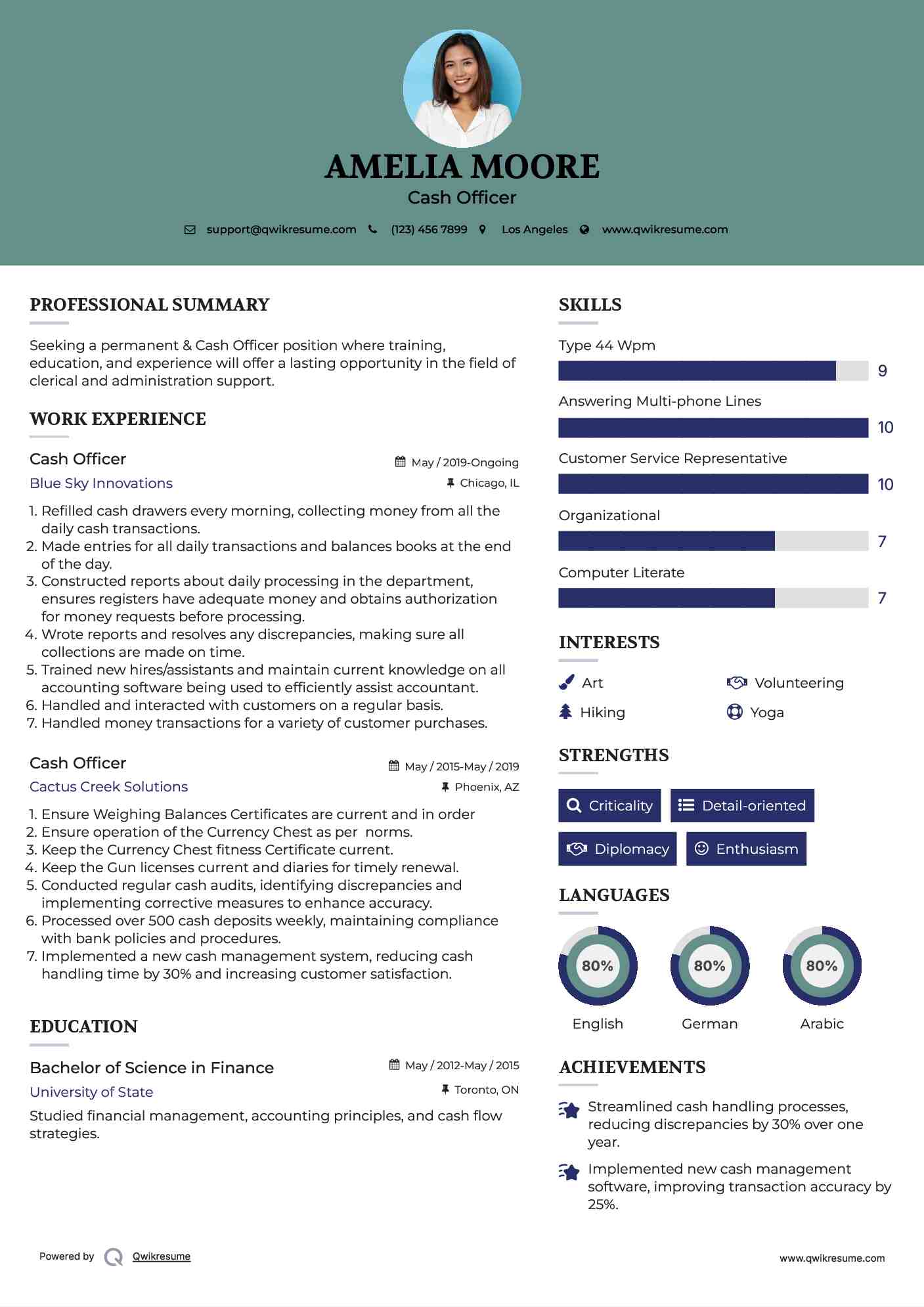 Cash Officer Resume Template
