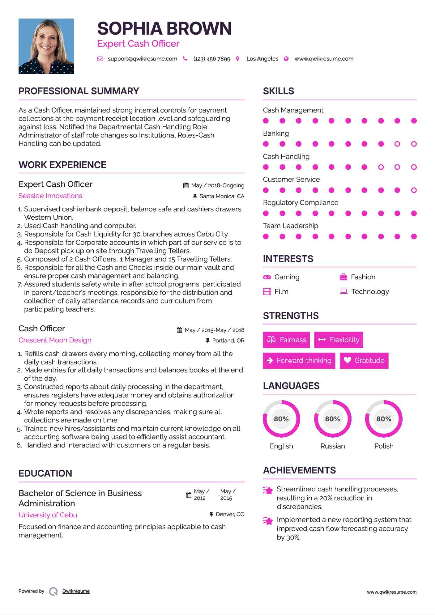 Expert Cash Officer Resume Sample
