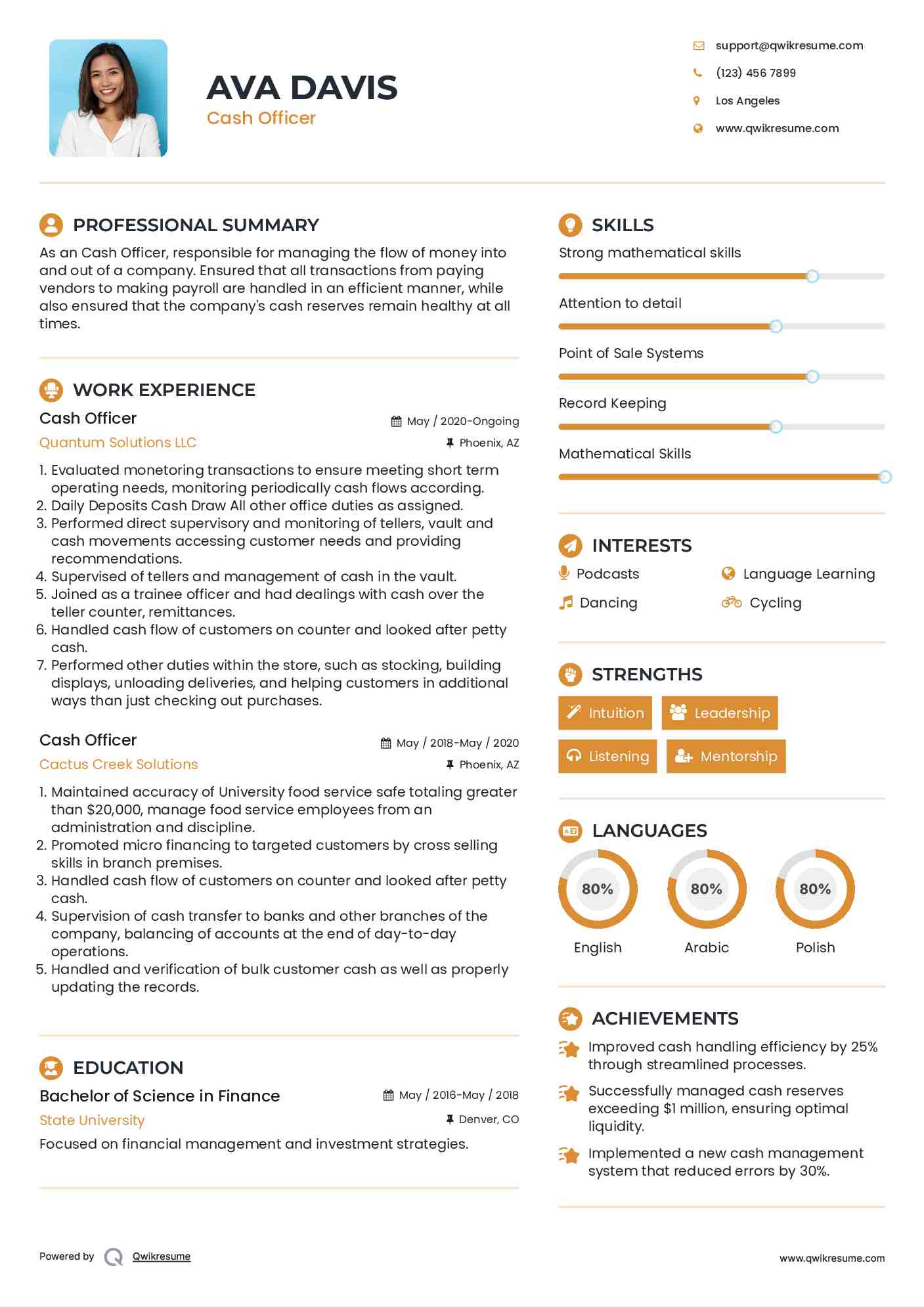 Cash Officer Resume Model
