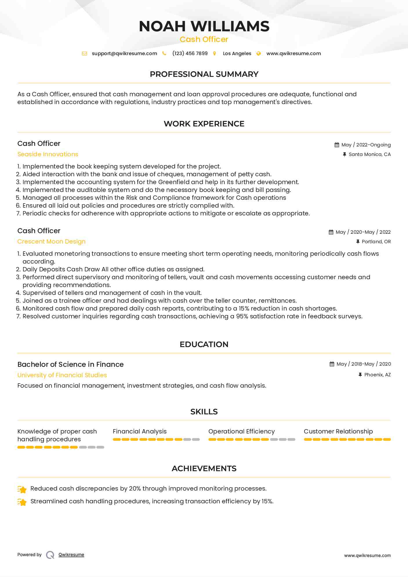 Cash Officer Resume Template