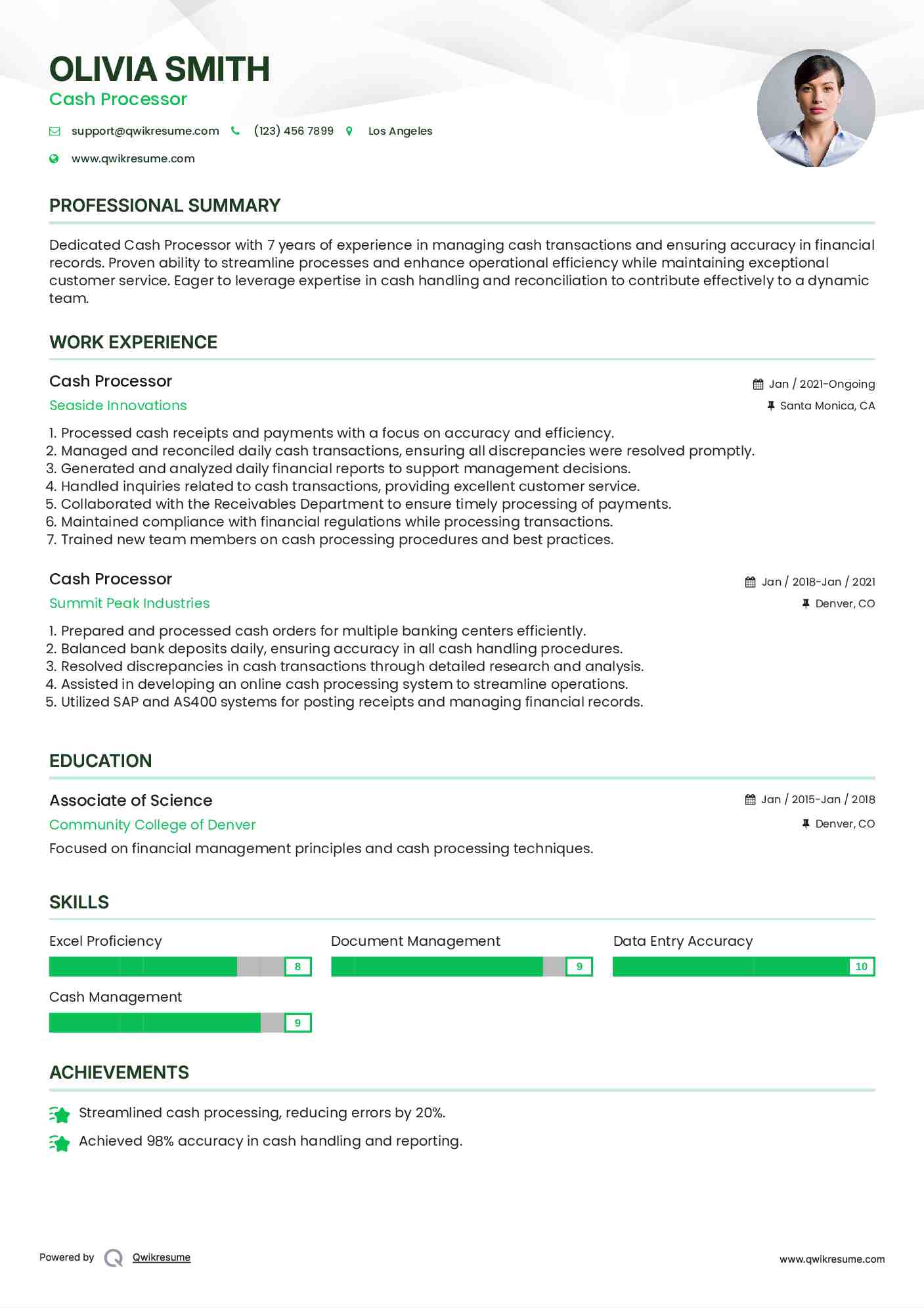 Cash Processor Resume Sample