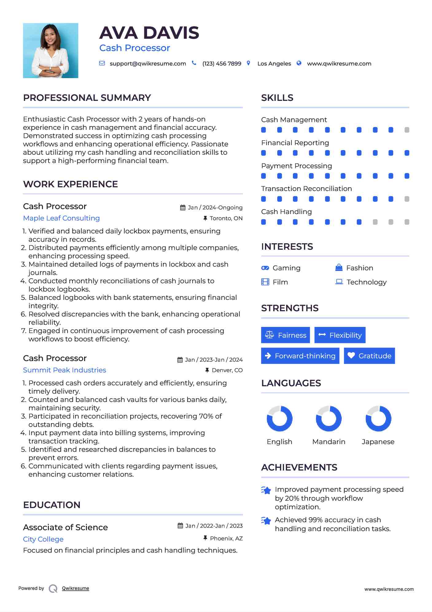 Cash Processor Resume Example