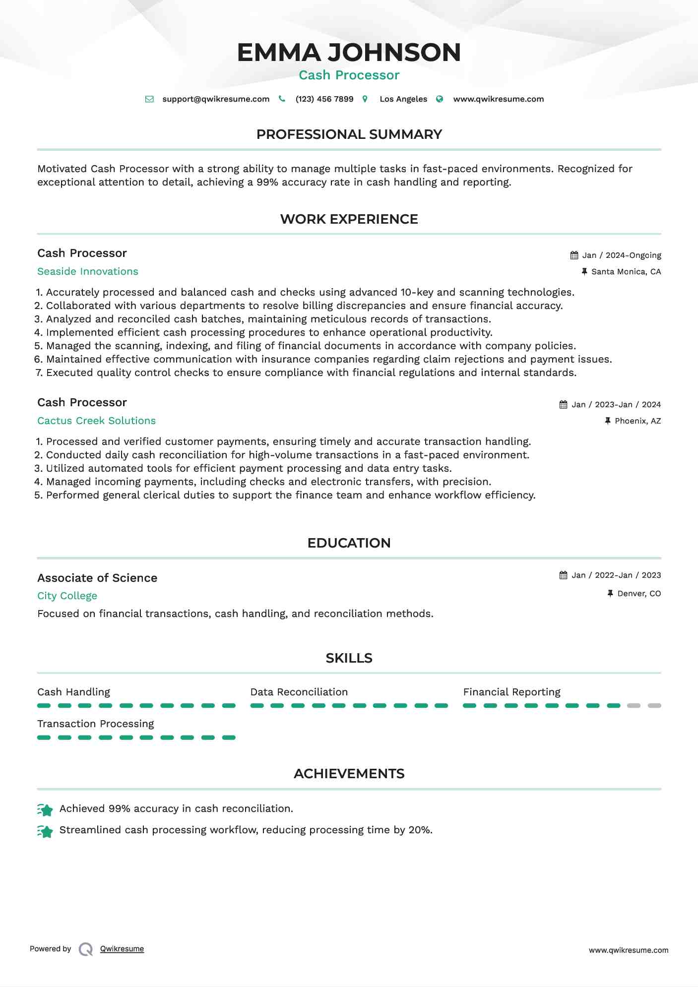 Cash Processor Resume Template