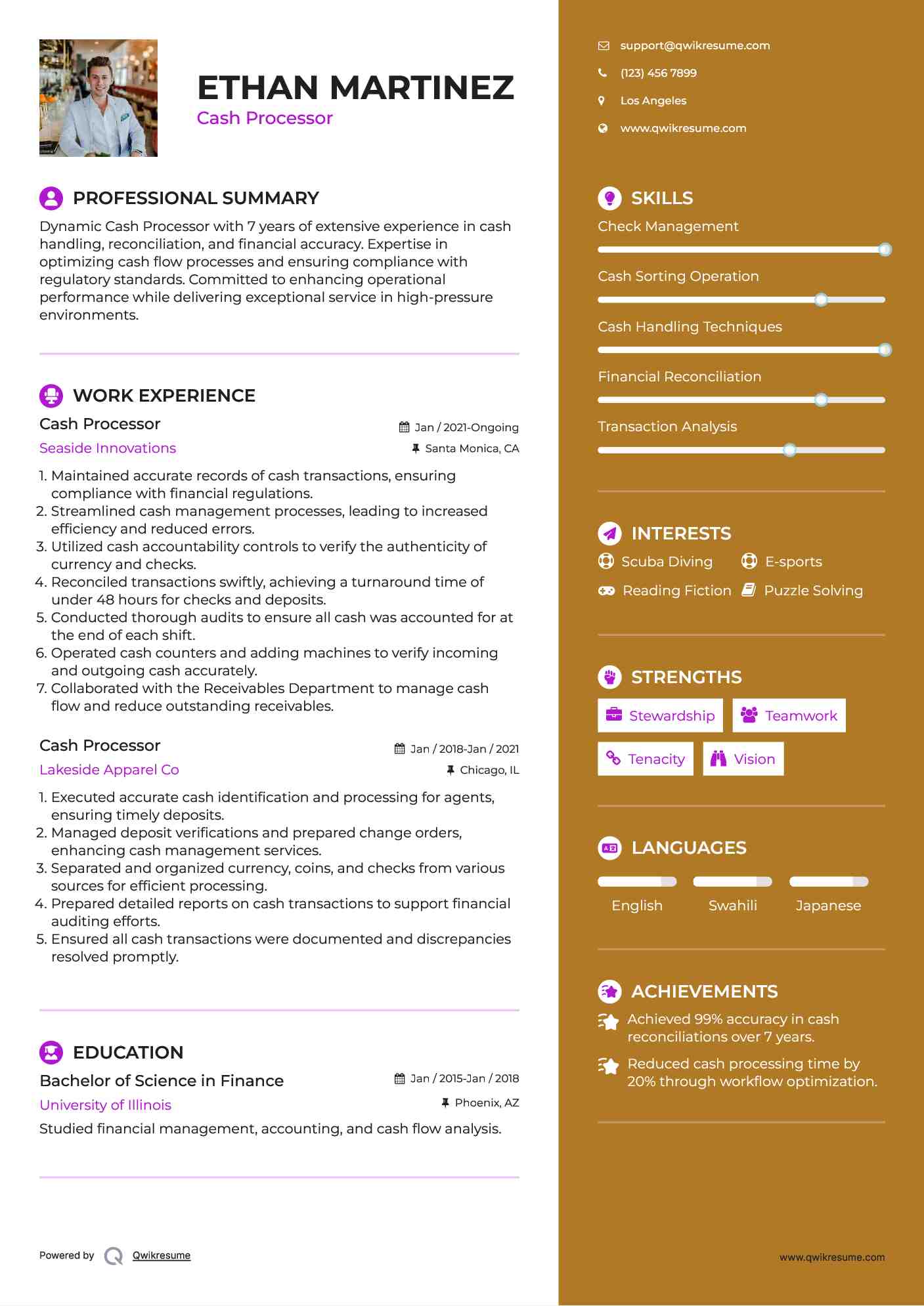 Cash Processor Resume Example