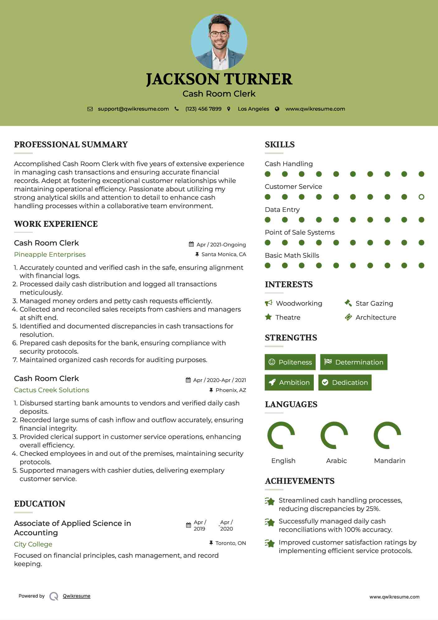 Cash Room Clerk Resume Sample