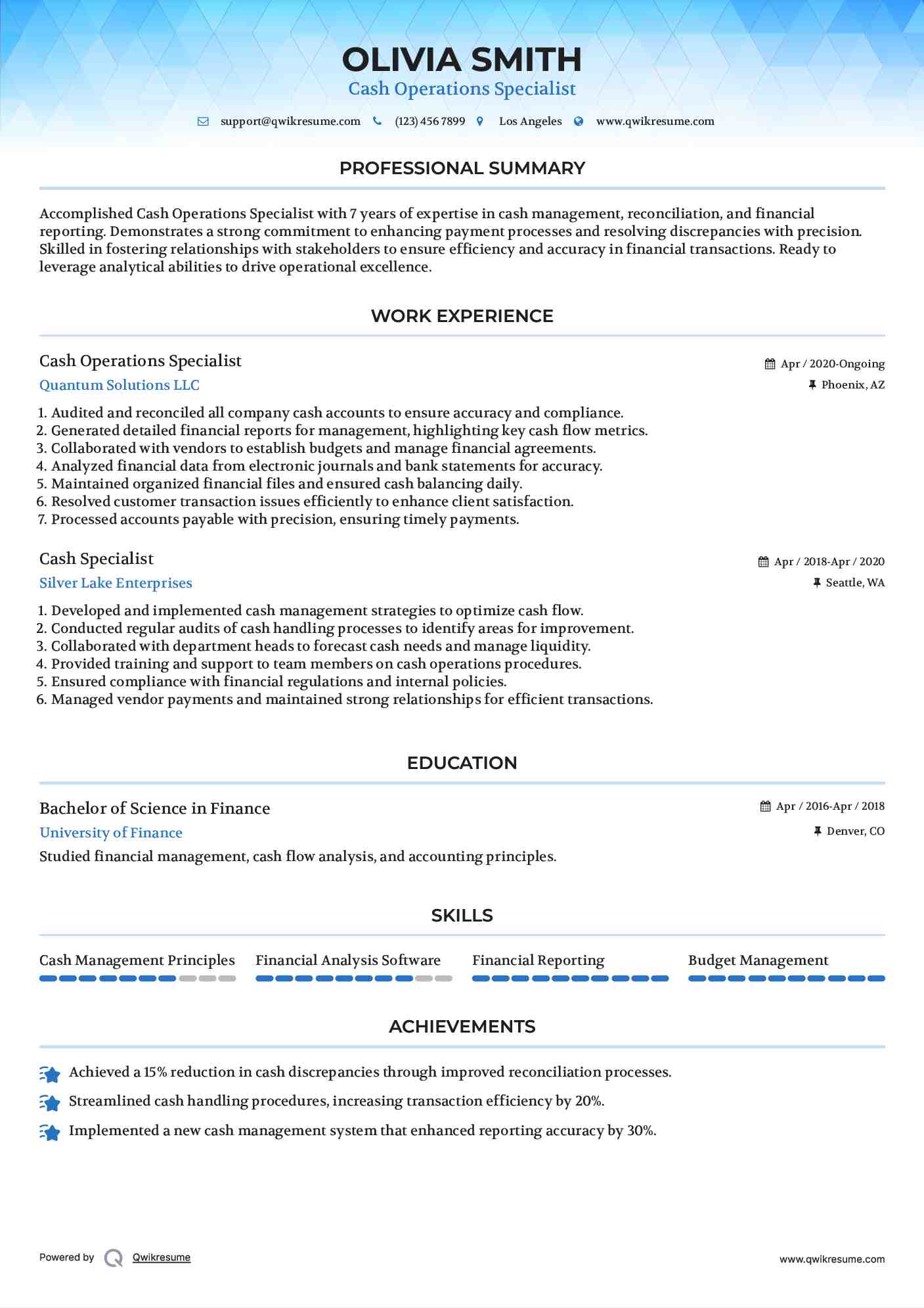 Cash Operations Specialist Resume Example