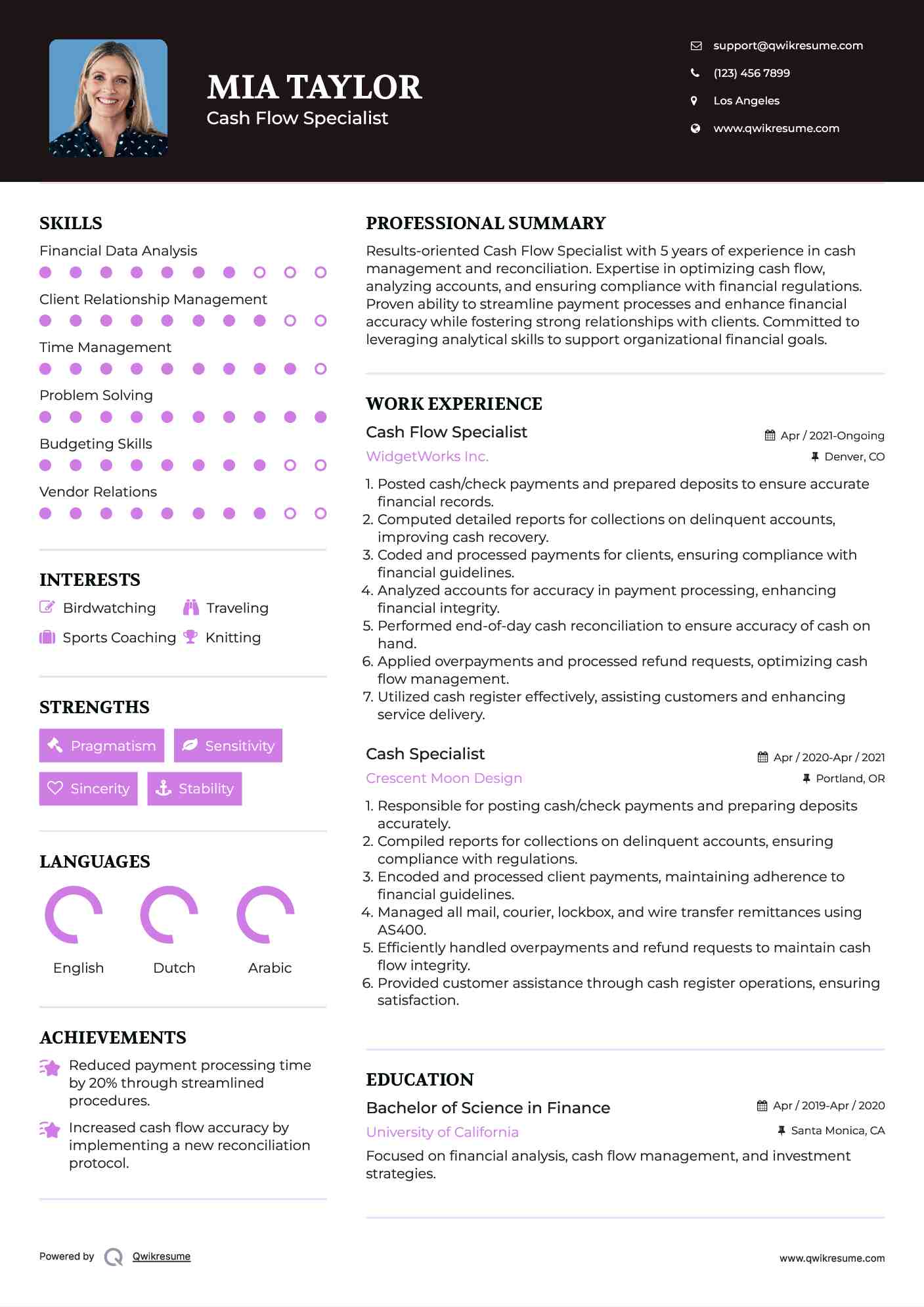 Cash Flow Specialist Resume Example