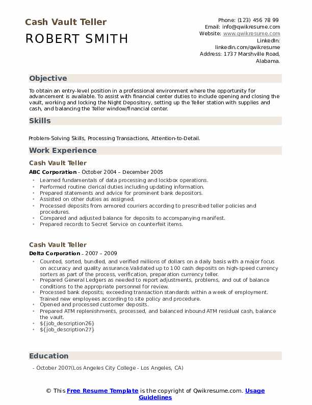 Cash Vault Teller Resume Samples QwikResume
