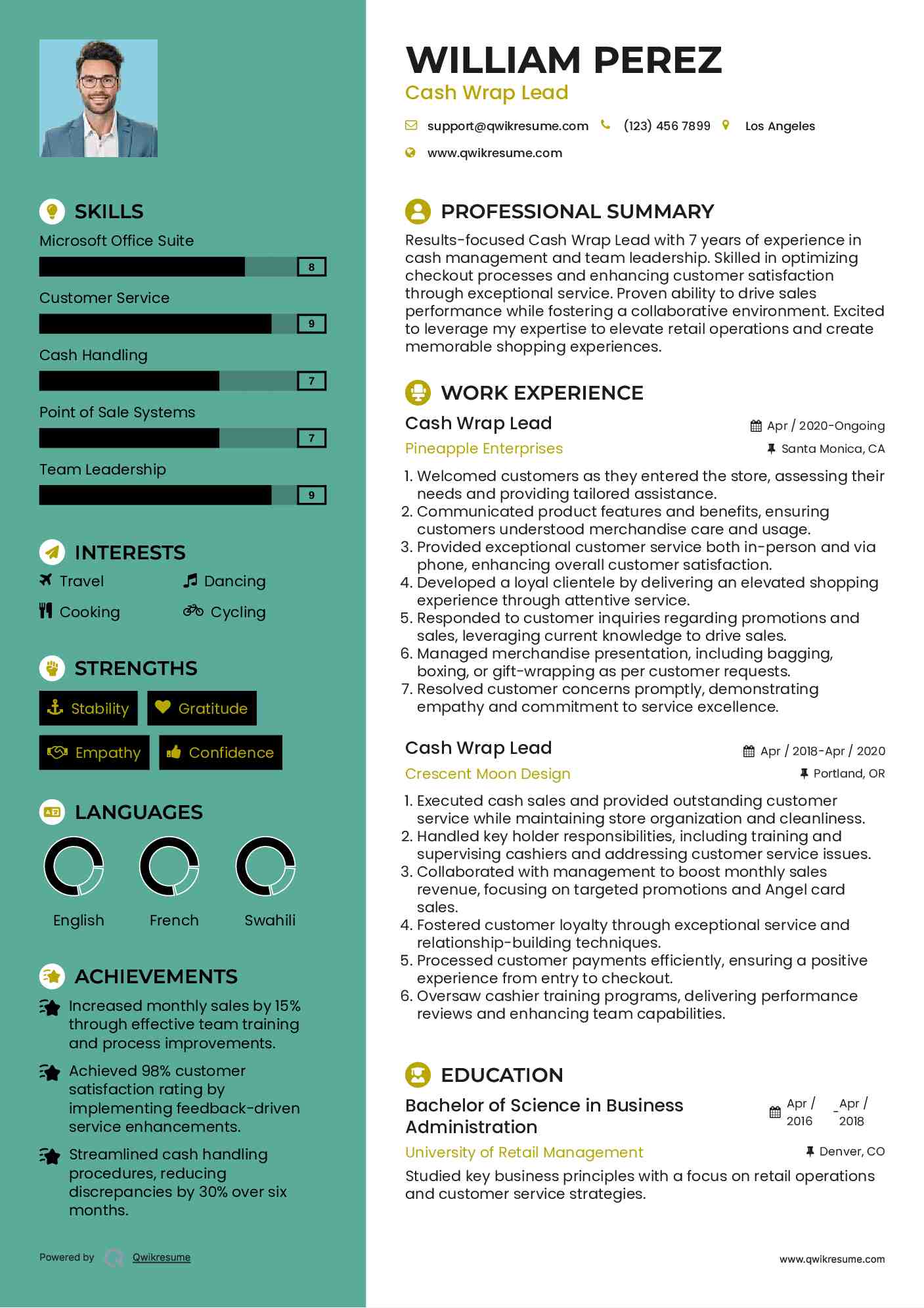 Cash Wrap Lead Resume Template