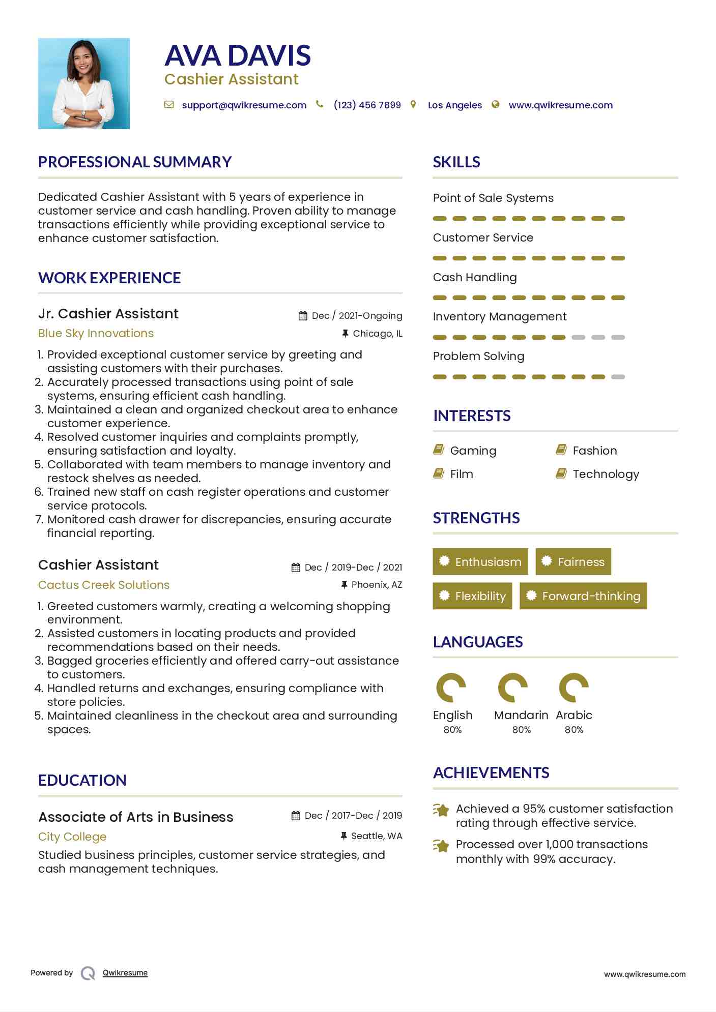 Jr. Cashier Assistant Resume Sample