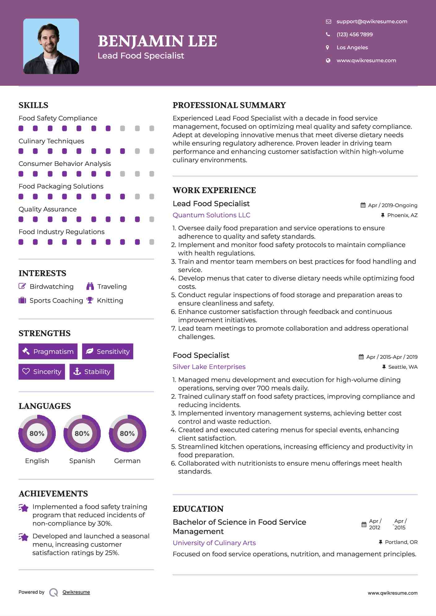Lead Food Specialist  Resume Format