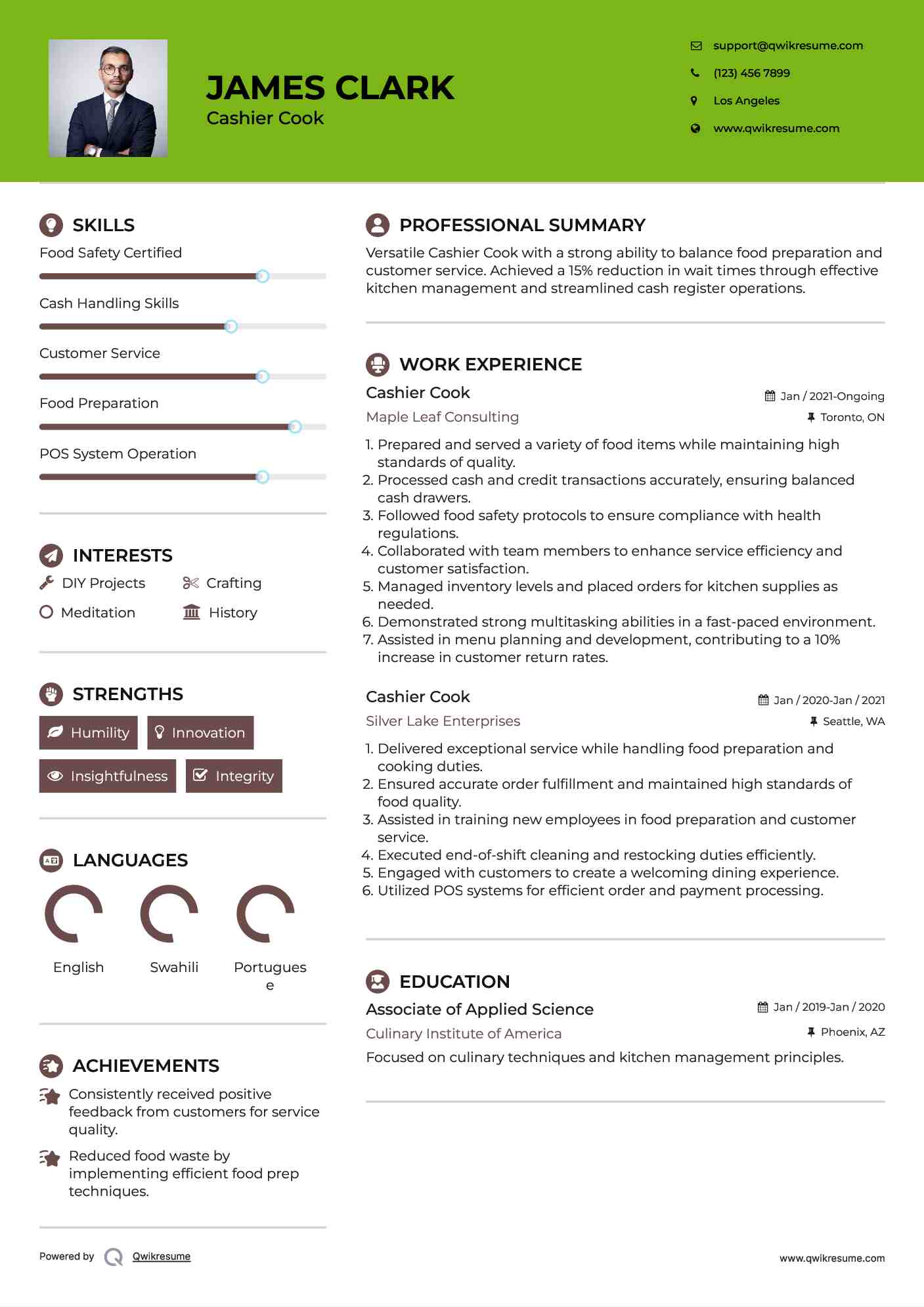 Cashier Cook Resume Sample