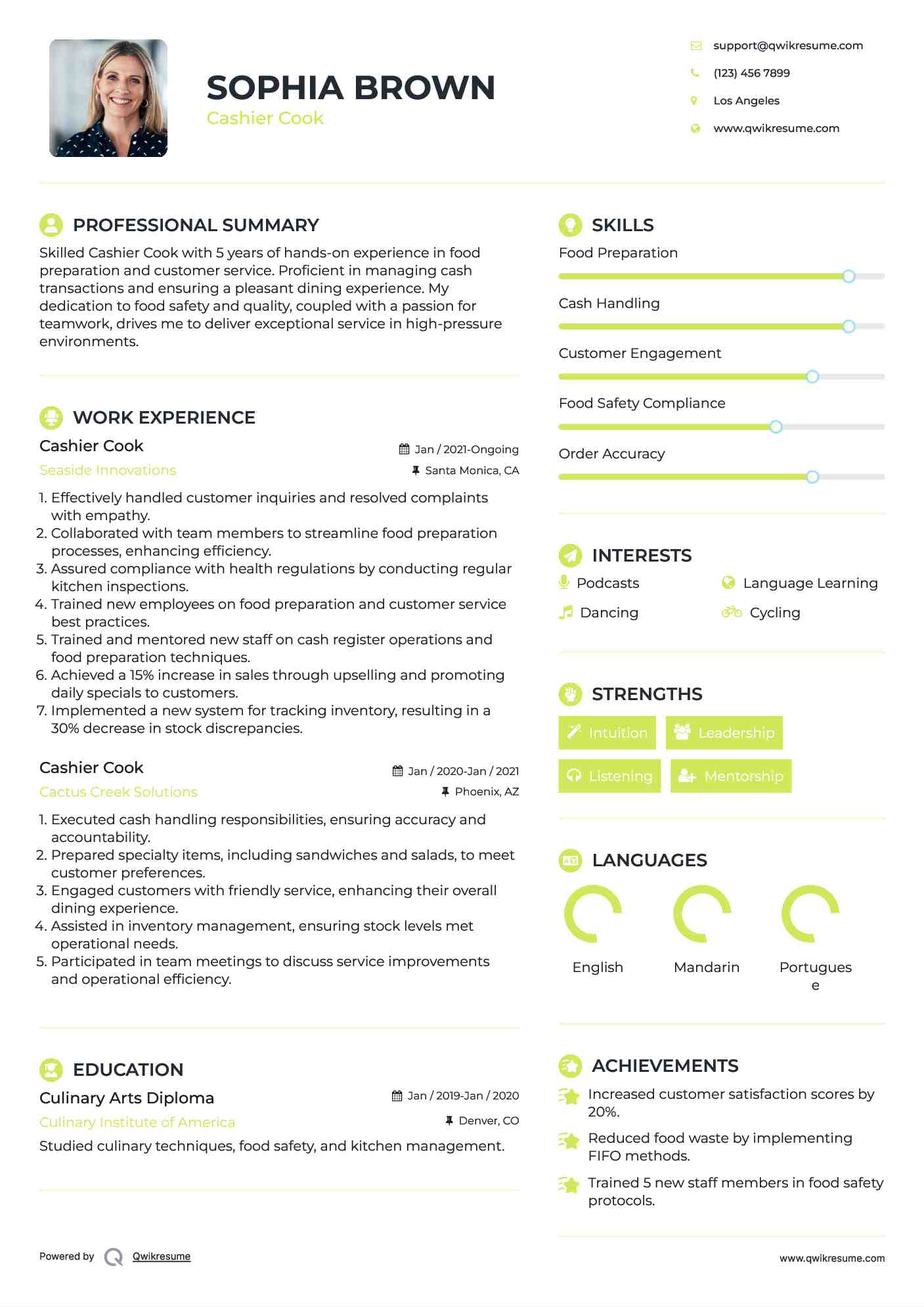 Cashier Cook Resume Template