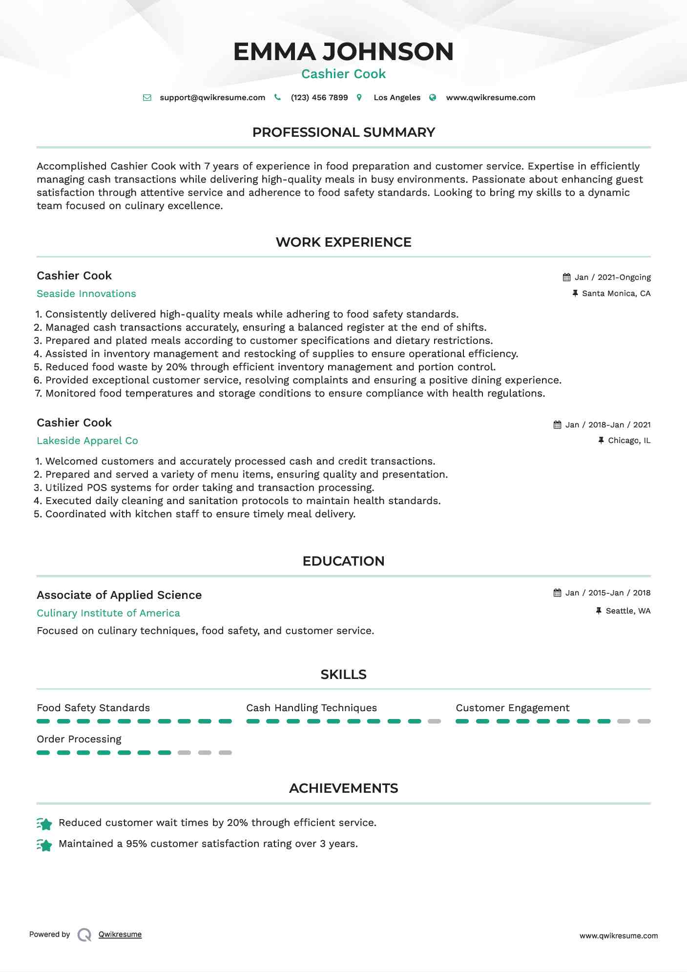 Cashier Cook Resume Model