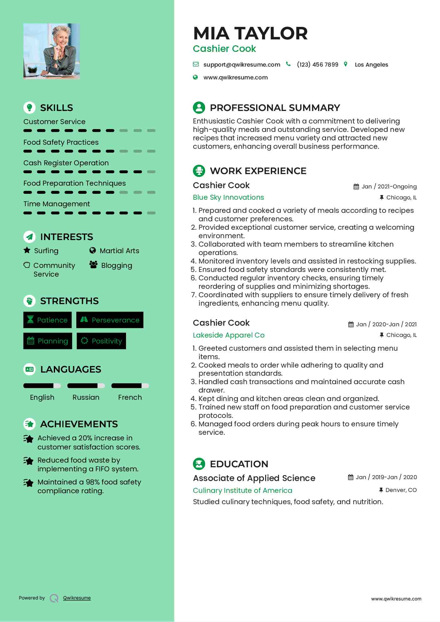 Cashier Cook Resume Sample