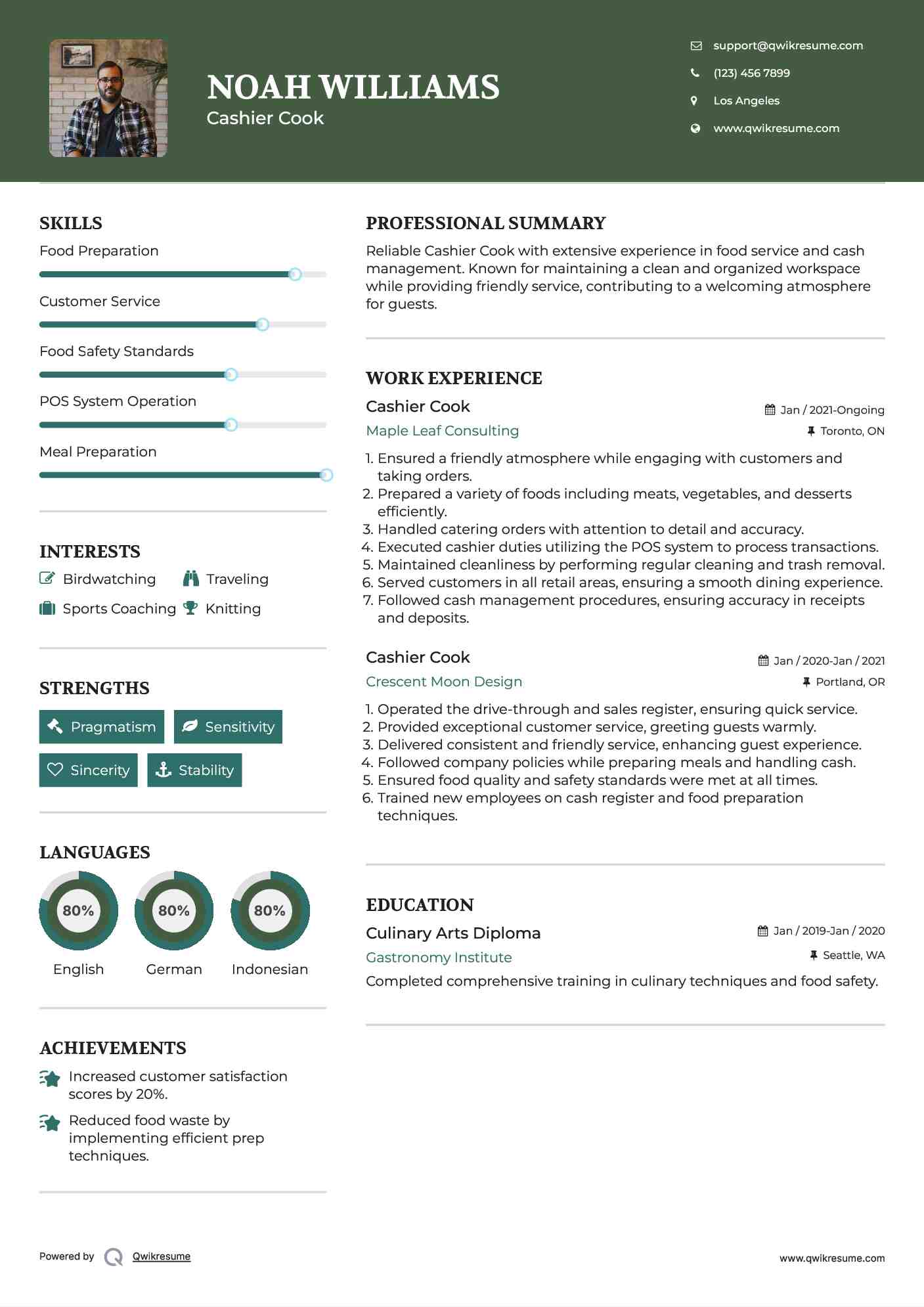 Cashier Cook Resume Sample