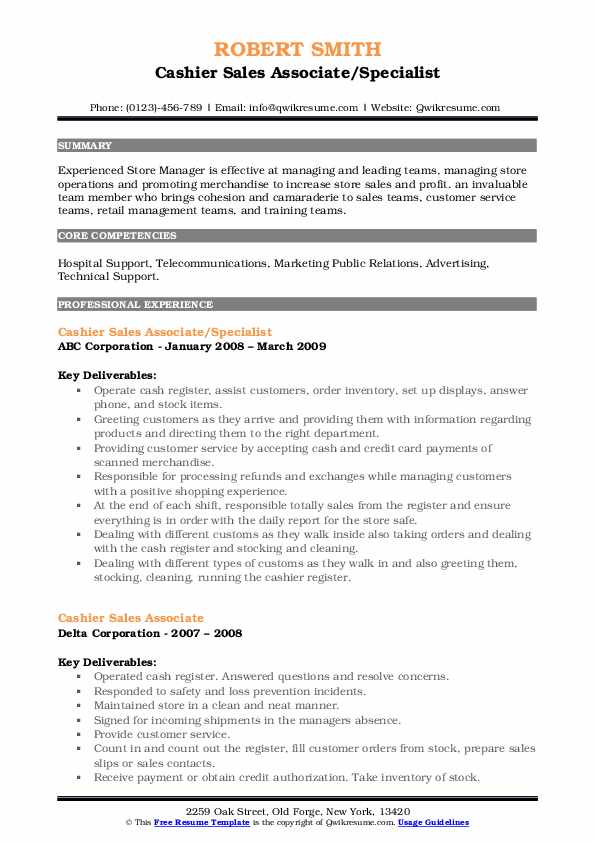 Cashier Sales Associate Resume Samples QwikResume