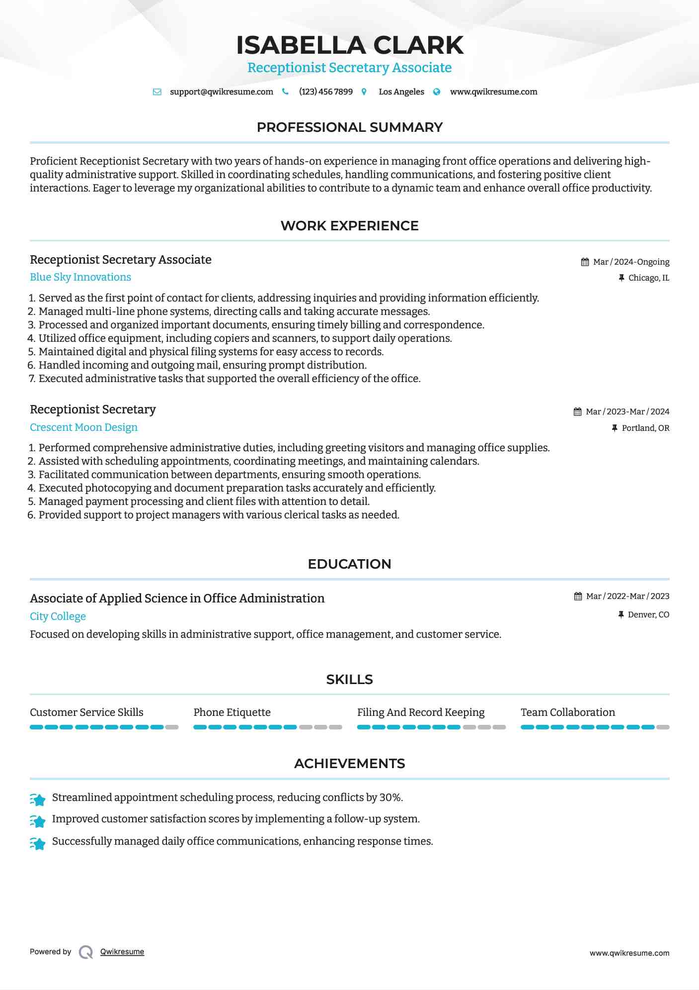 Receptionist Secretary Associate Resume Sample