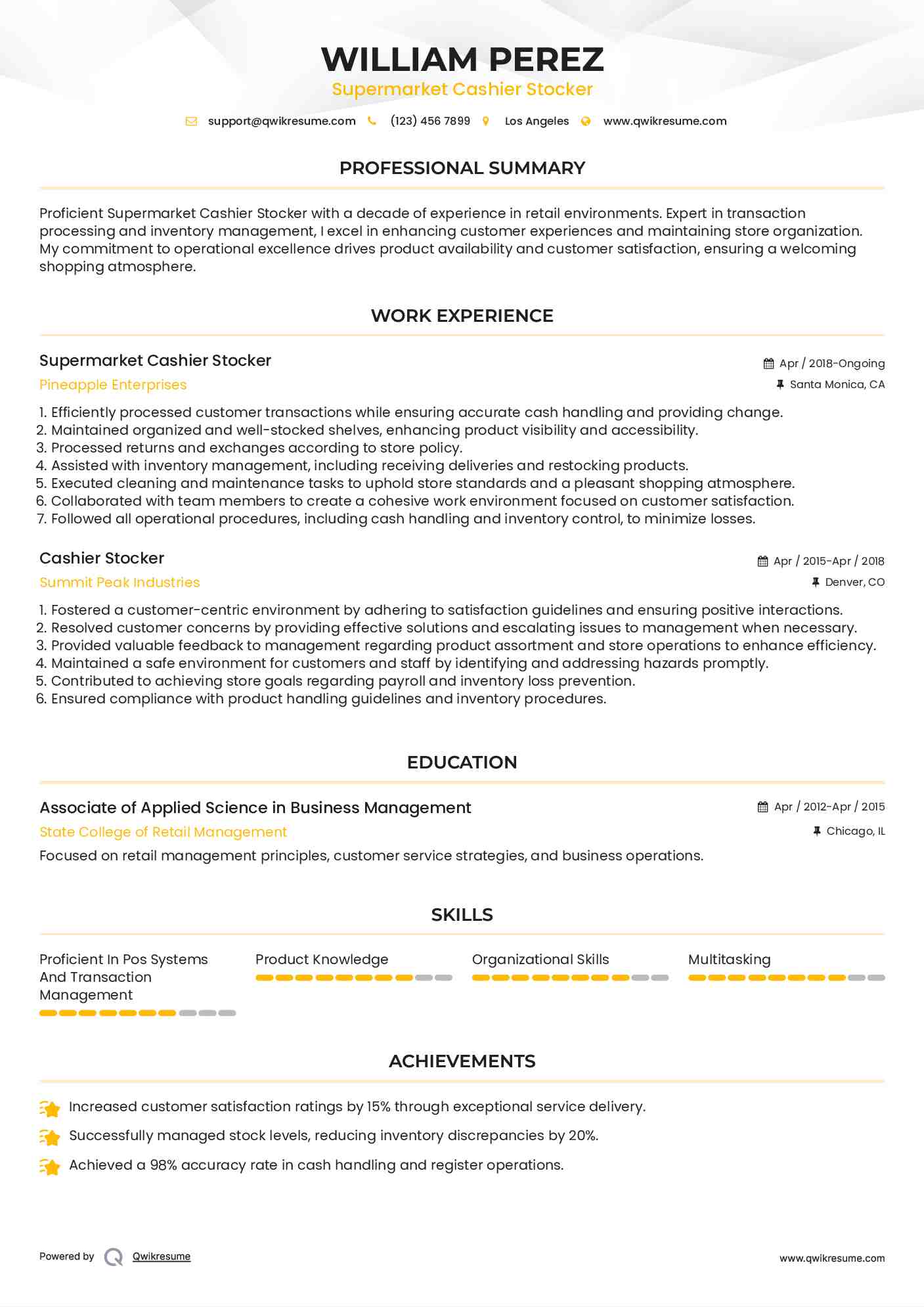 Supermarket Cashier Stocker Resume Example