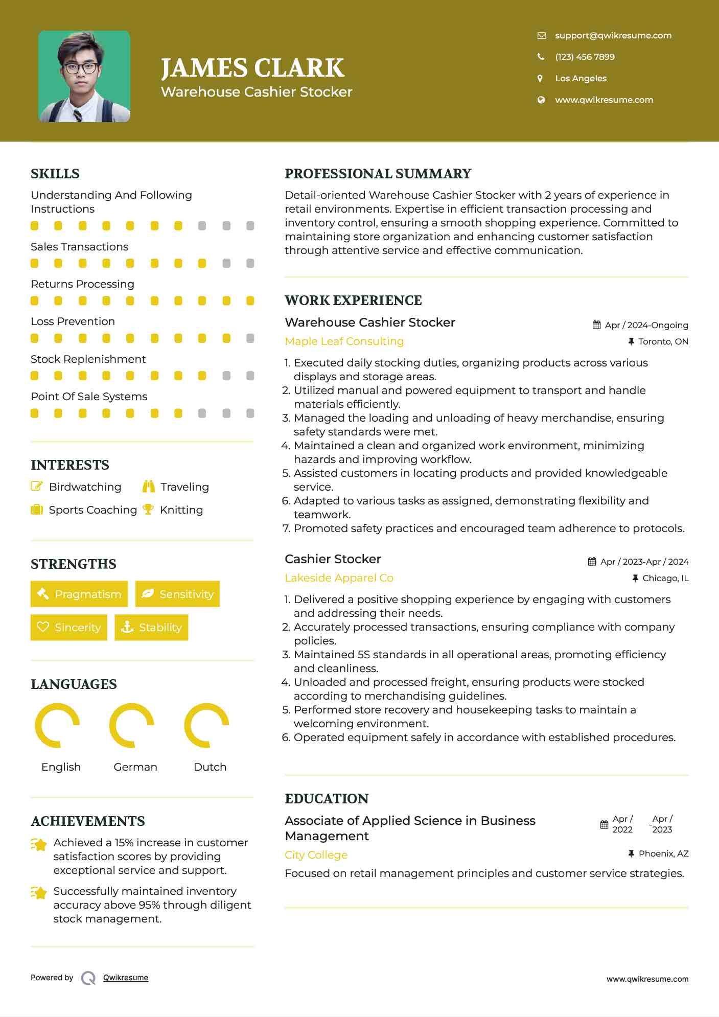Warehouse Cashier Stocker Resume Sample