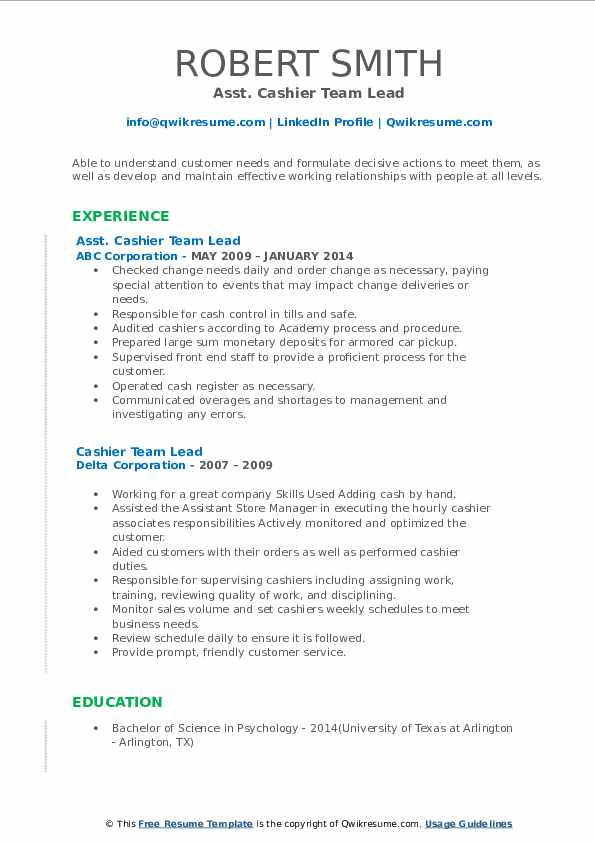 Cashier Team Lead Resume Samples | QwikResume