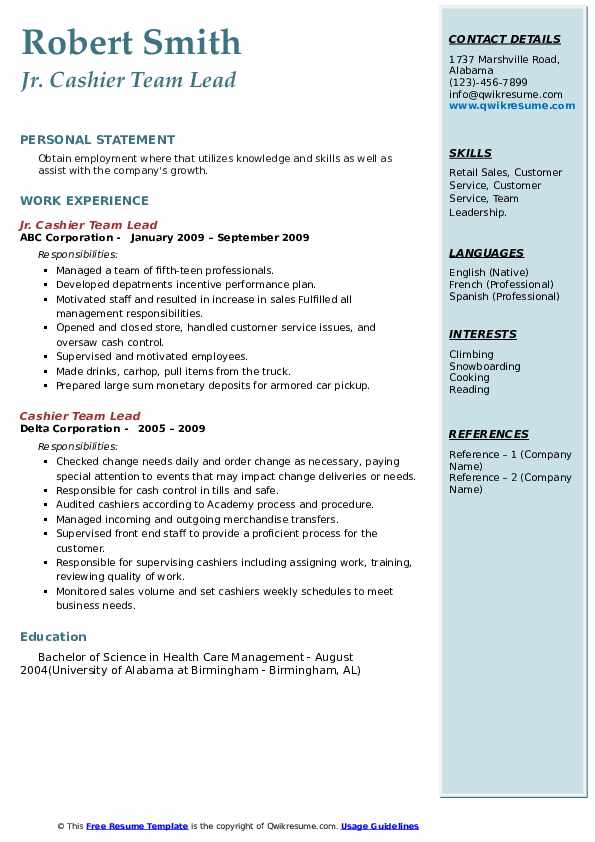 Cashier Team Lead Resume Samples QwikResume