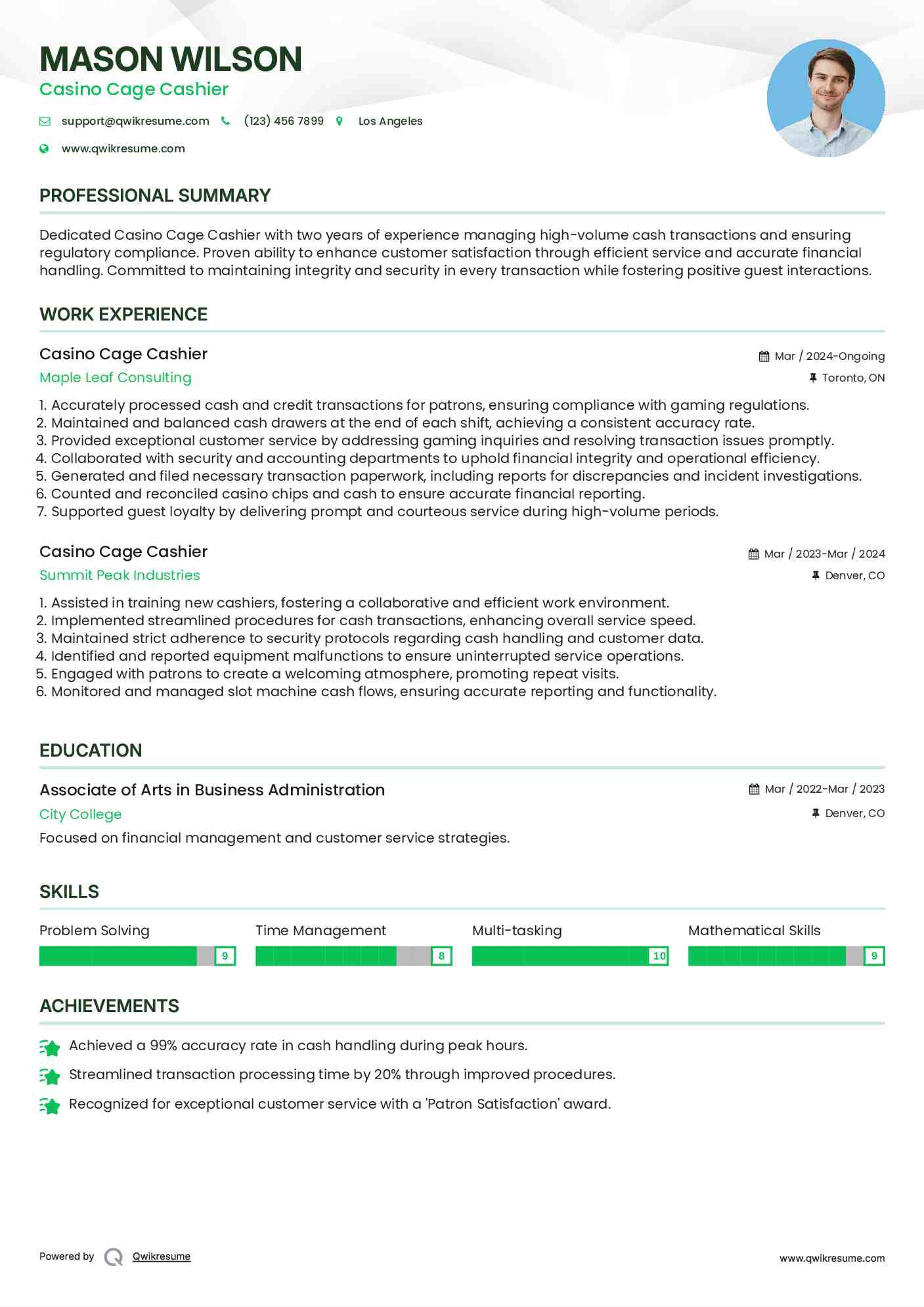 Casino Cage Cashier Resume Example