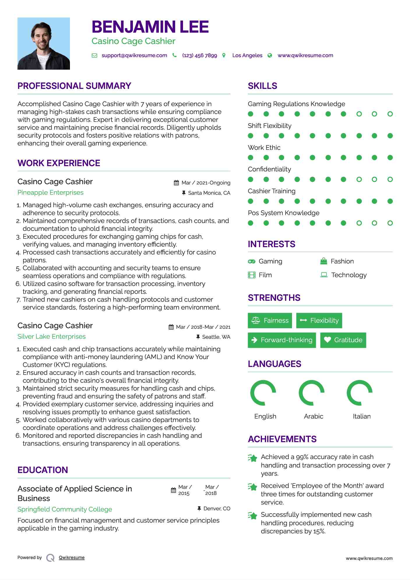 Casino Cage Cashier Resume Sample
