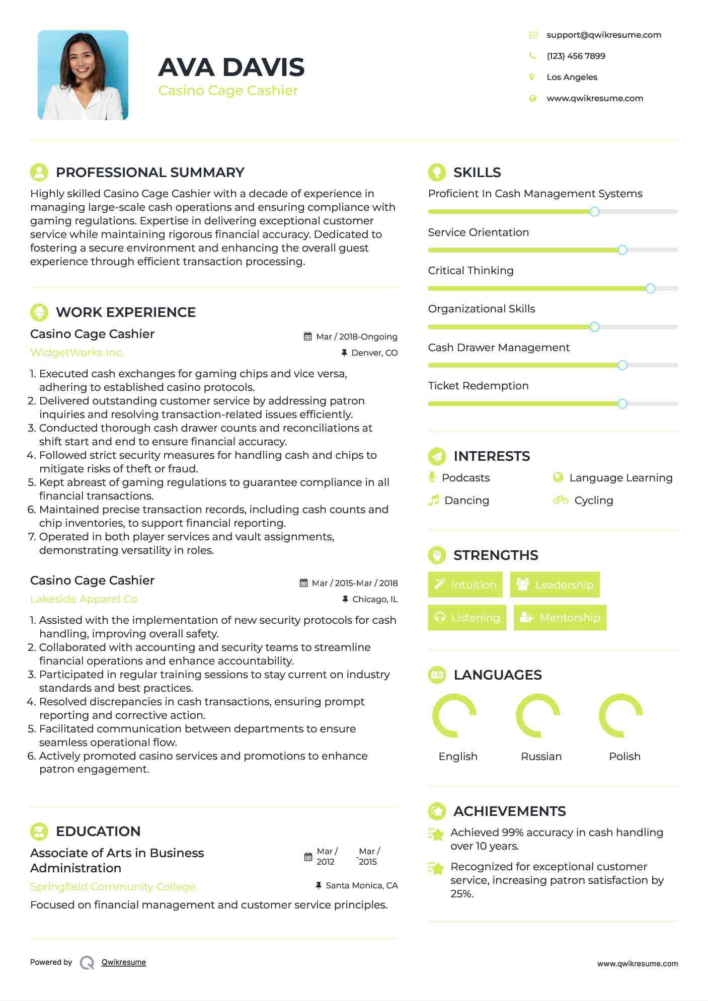 Casino Cage Cashier Resume Model