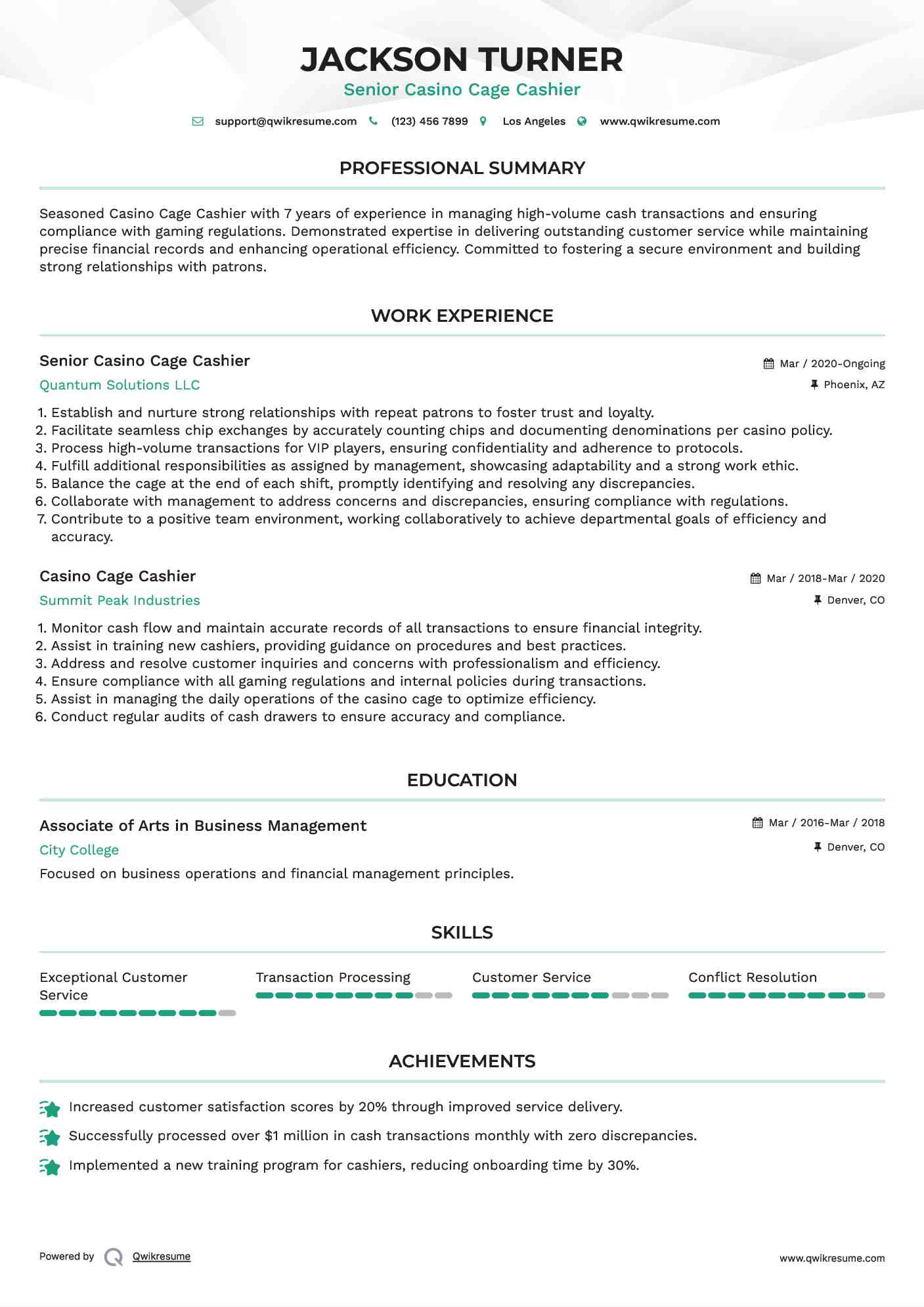 Senior Casino Cage Cashier Resume Sample