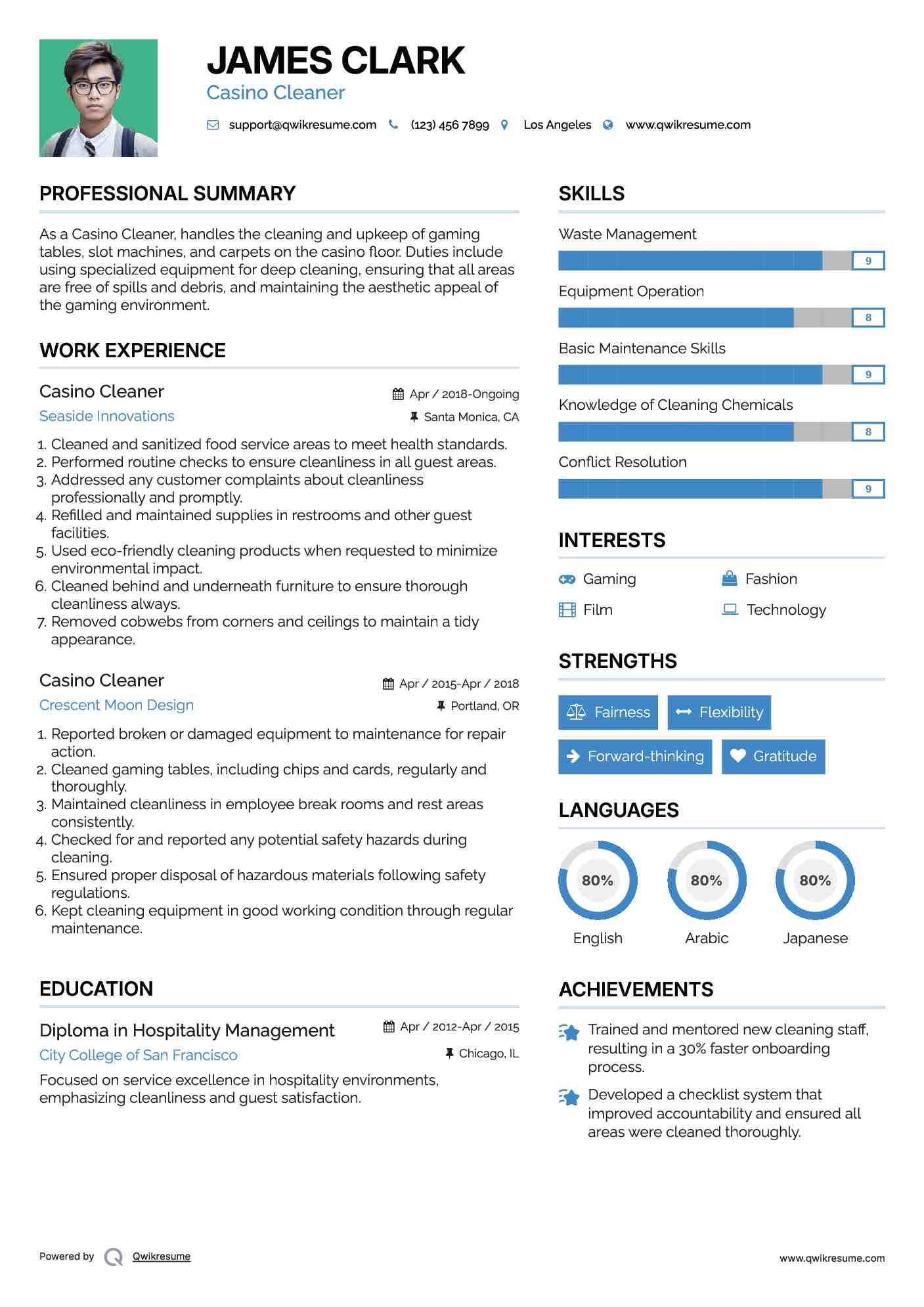 Casino Cleaner Resume Model