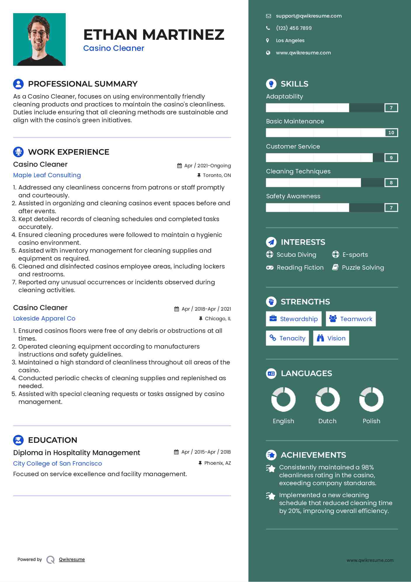 Casino Cleaner Resume Model