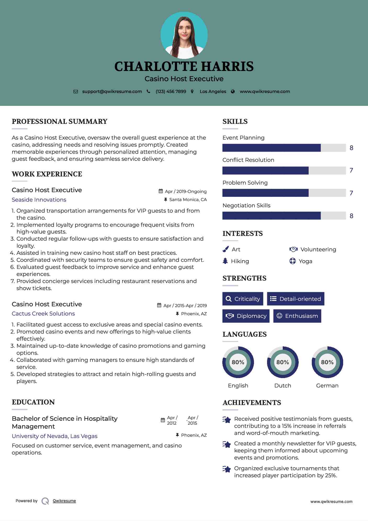 Casino Host Executive Resume Sample