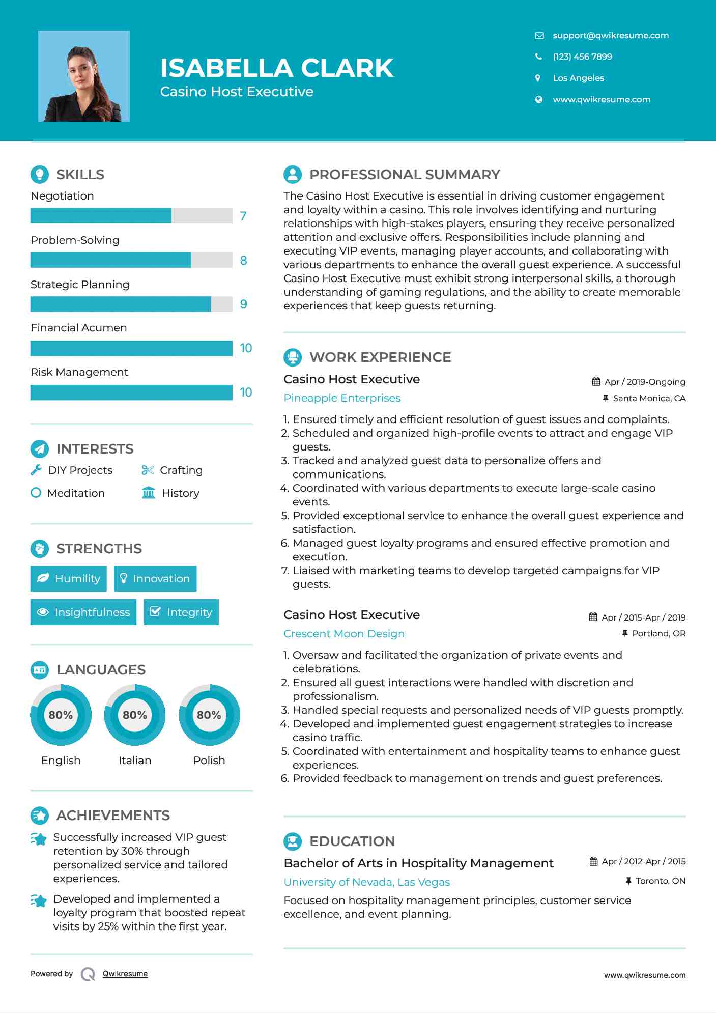 Casino Host Executive Resume Model