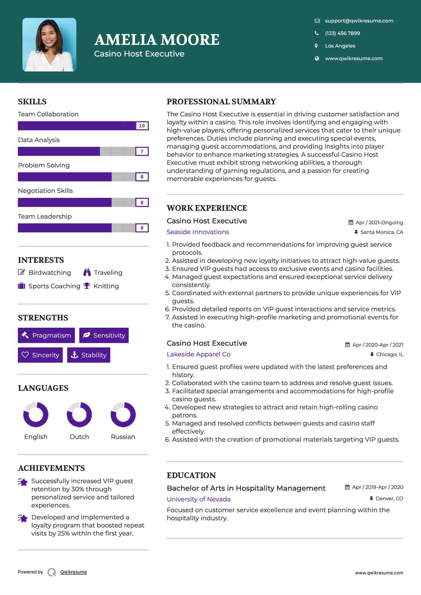 Casino Host Executive Resume Example