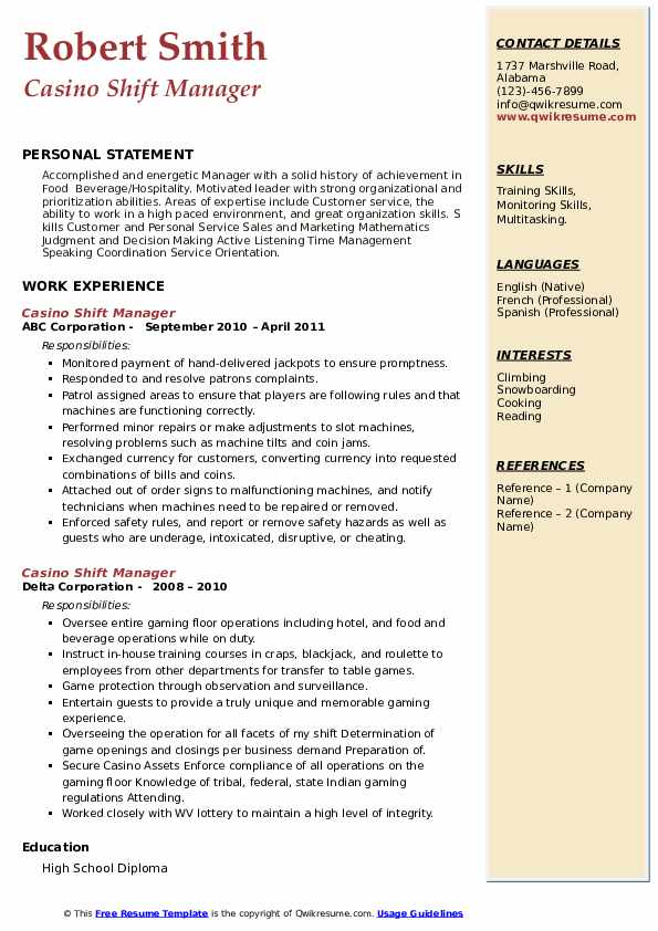 Casino Shift Manager Resume Samples QwikResume