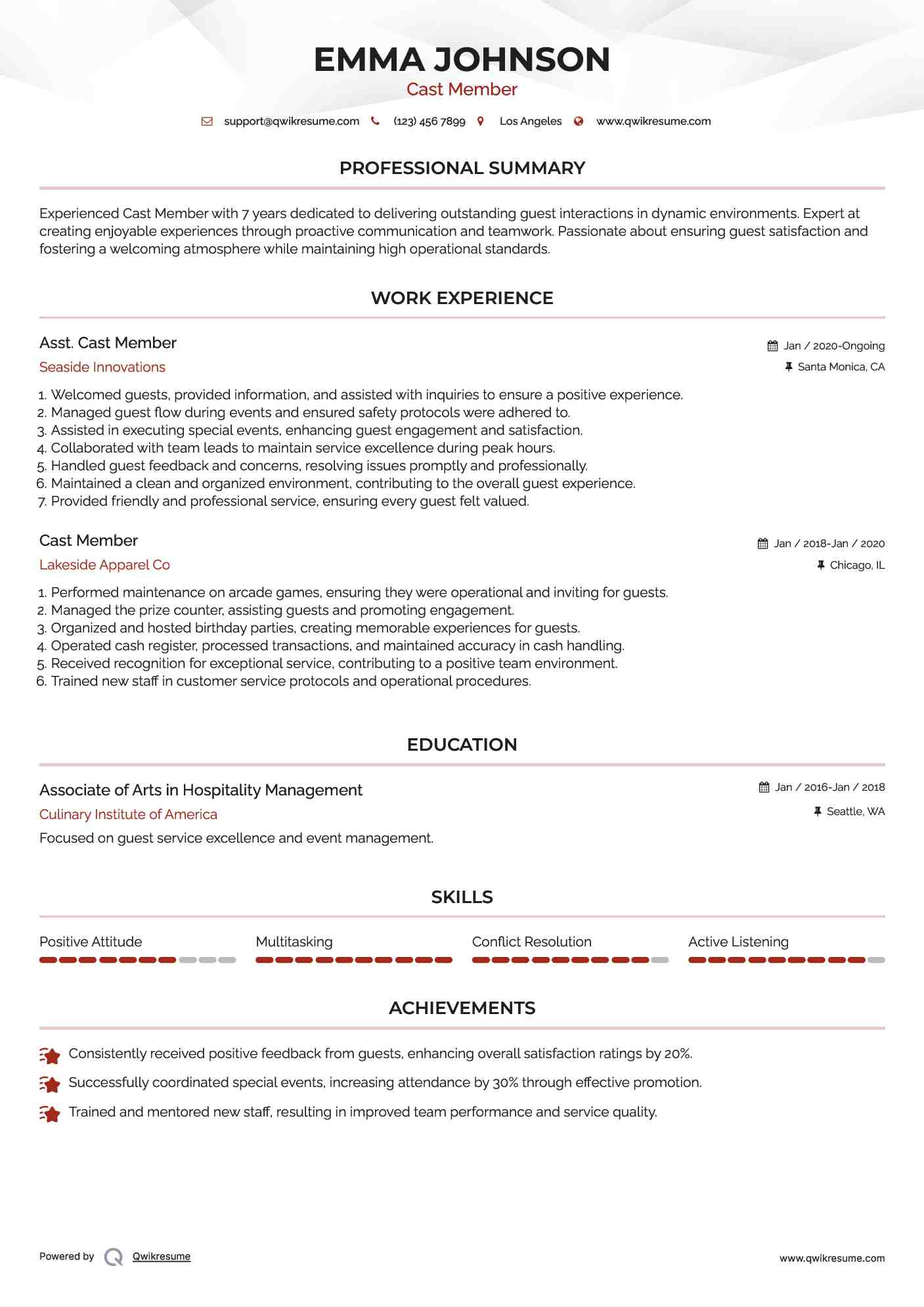Asst. Cast Member Resume Model